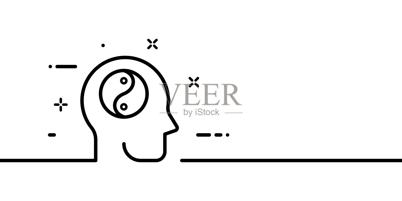 头部阴阳线图标。思考，思考，大脑，善与恶，黑，白，对立。哲学概念。一行的风格。矢量线图标的业务和广告插画图片素材