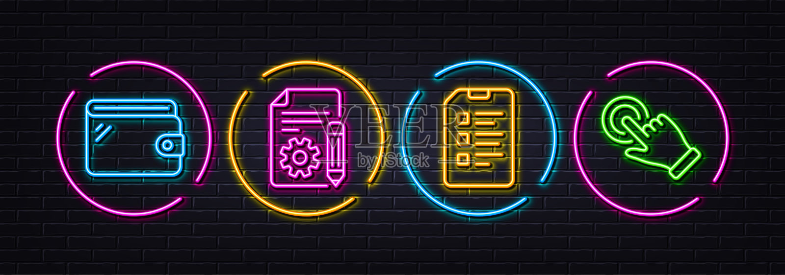 钱包，文档和清单最小行图标。对于web应用程序，打印。氖激光3d灯。向量插画图片素材