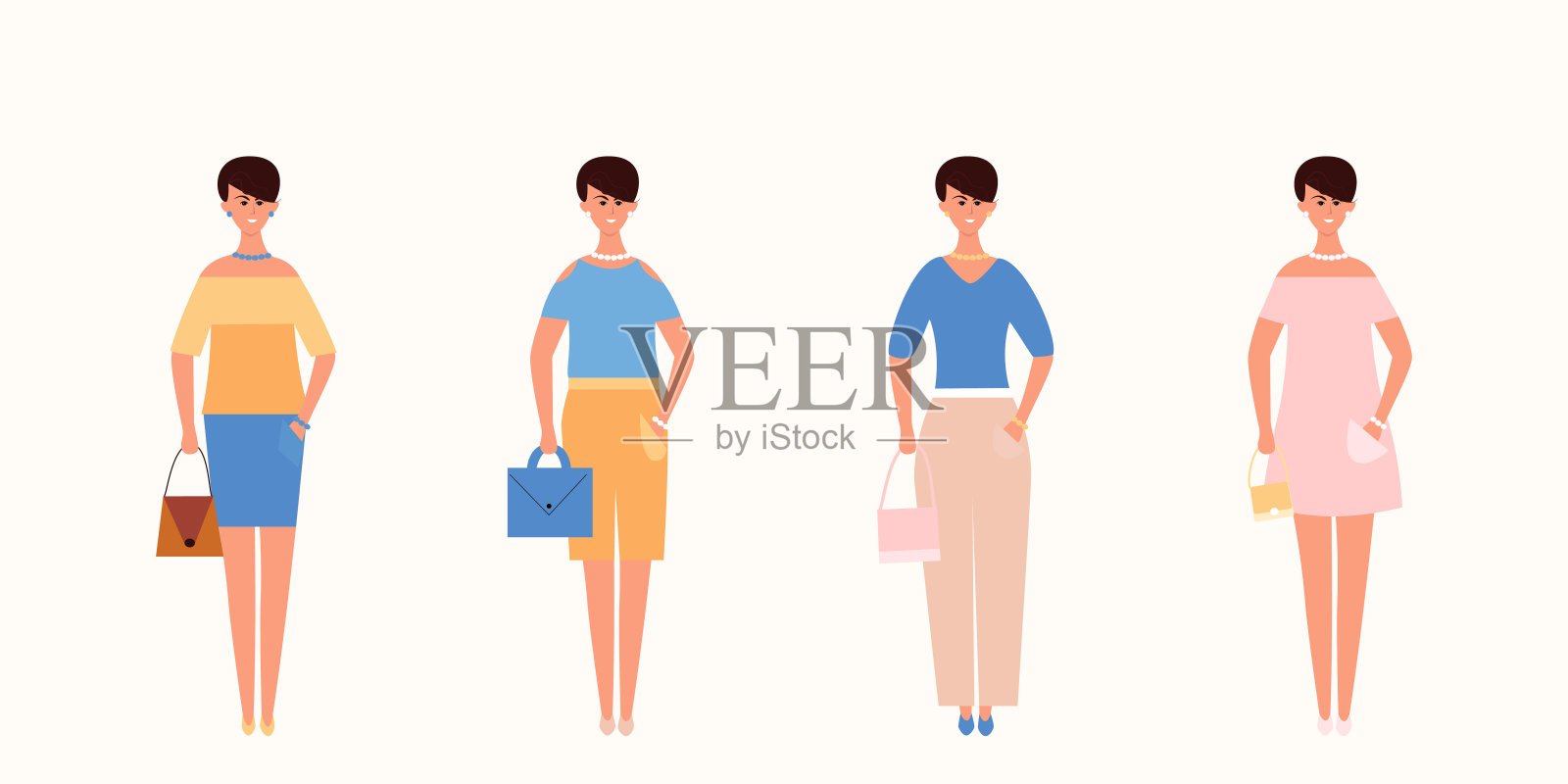 夏季商务女性风格扁平矢量插画，美丽与时尚概念插画图片素材