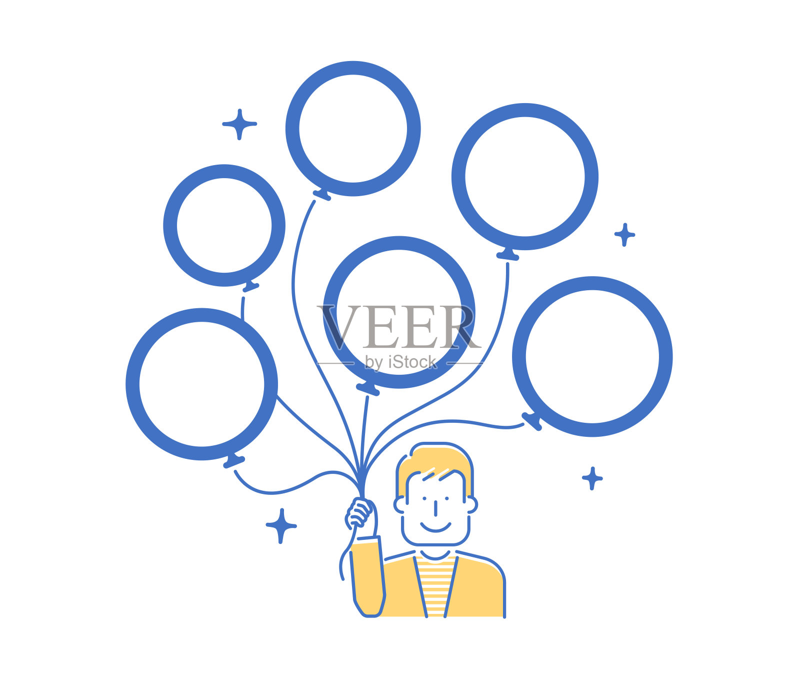 年轻人与许多气球的矢量插图(气球内的设计空间)插画图片素材