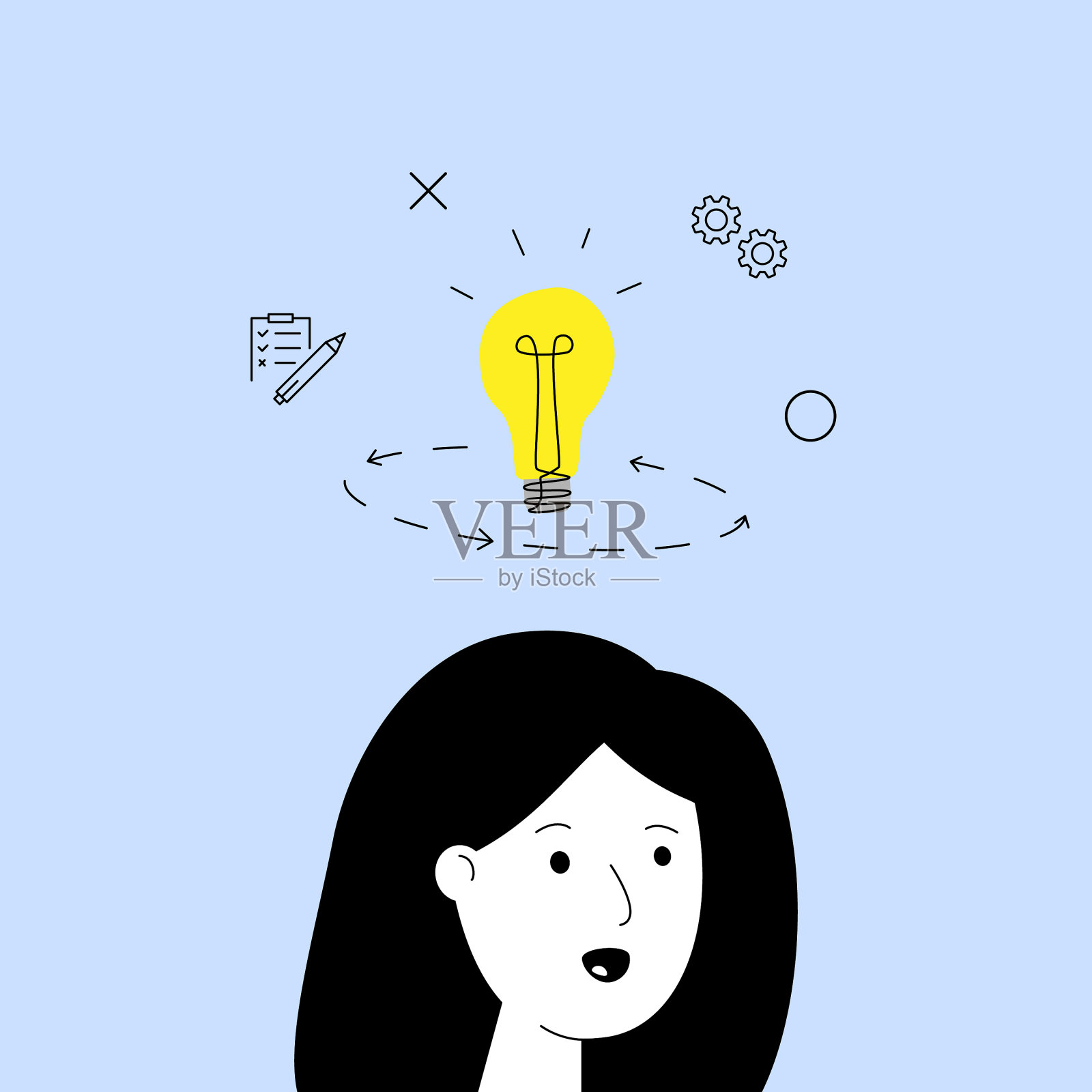 一个女人头和顶上一盏灯的剪影插画图片素材