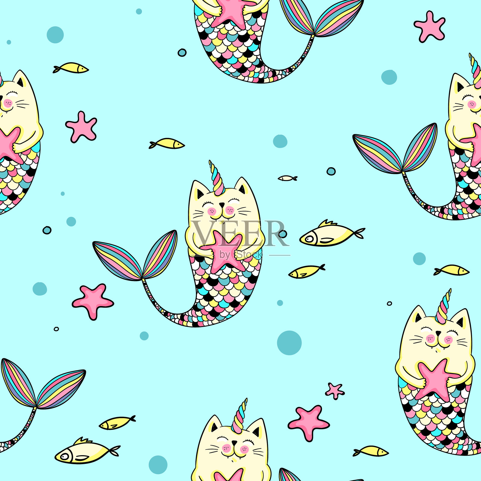 可爱的猫美人鱼与角和明星无缝对接插画图片素材