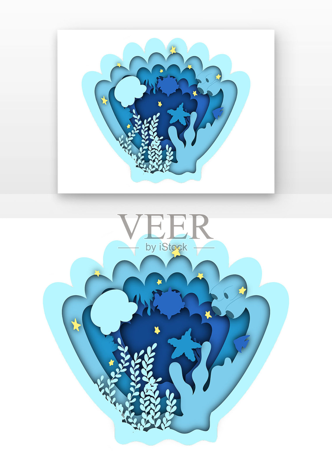 蓝色卡通剪纸风海洋元素设计元素图片