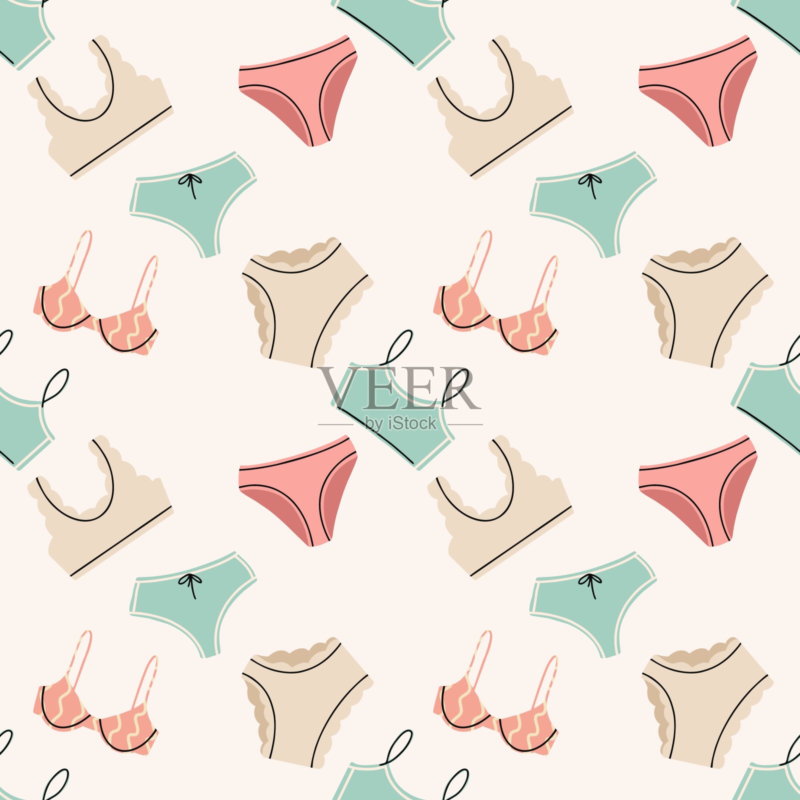 无缝矢量图案与各种内衣。胸罩和内裤。平面设计，手绘卡通，矢量插图。插画图片素材