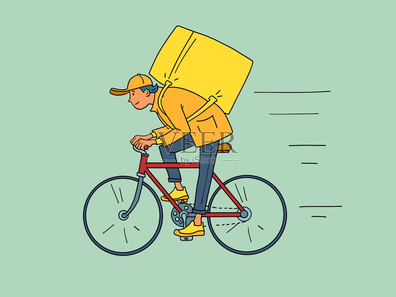 男外卖员通过自行车在线配送插画图片素材