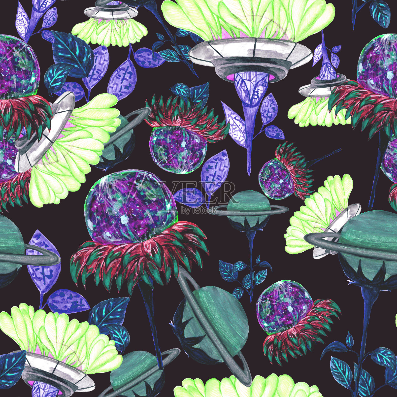 水彩图案五彩缤纷的幻想花园花朵，行星水星和土星，宇宙飞船，在黑暗的背景上为您无缝设计，手绘插图插画图片素材