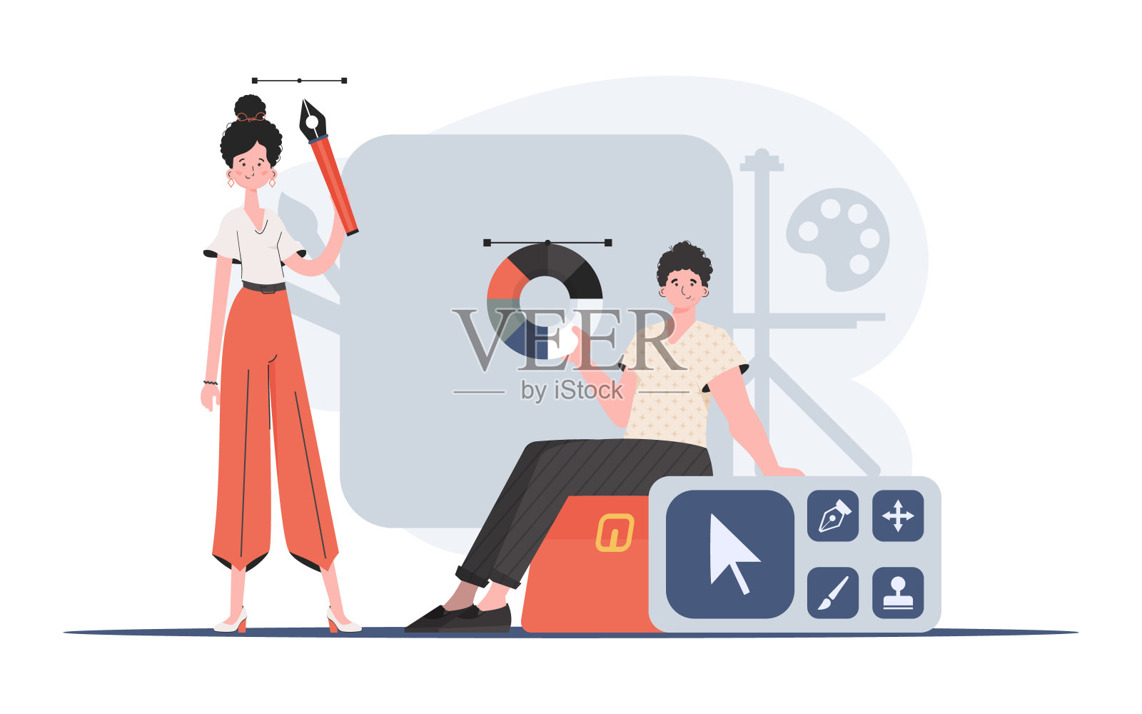 一个男人拿着调色板坐着，一个女人站在她旁边，手里拿着钢笔工具。设计。元素表示。插画图片素材