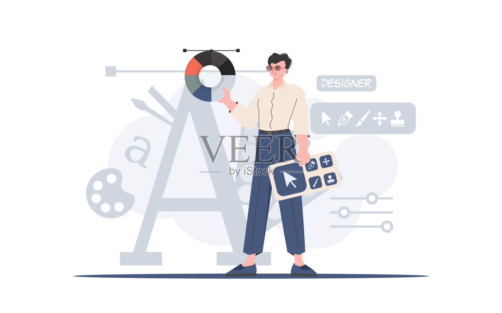 一个成年男子站在那里，手里拿着一个带色轮的设计师面板。设计。元素表示。插画图片素材