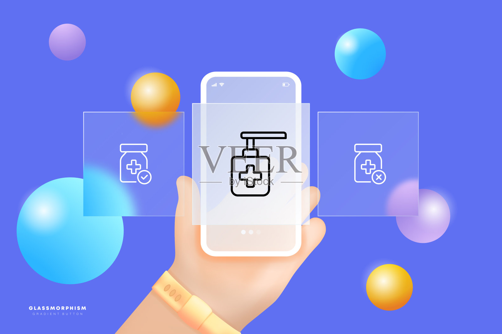 医学组图标。片剂，蜱虫，十字，防腐剂，液体肥皂，糖浆，药房，急救箱，医院。卫生保健的概念。Glassmorphism。UI手机应用程序屏幕。矢量线图标的业务插画图片素材