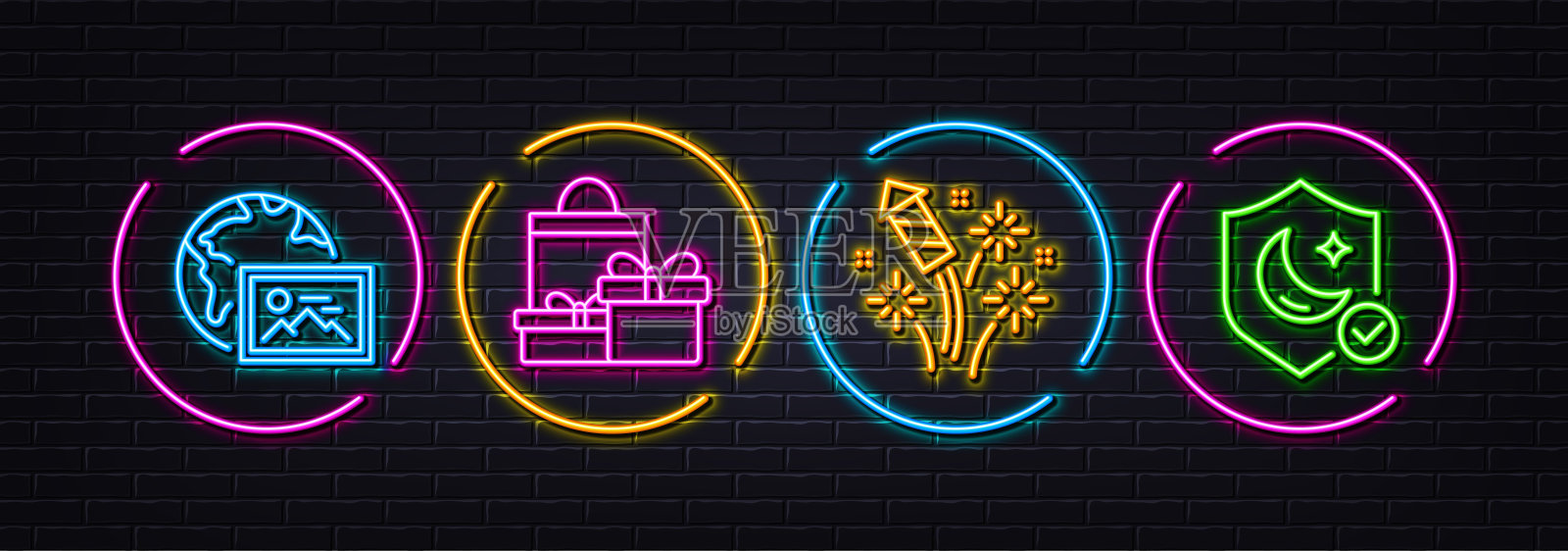 购物，网络照片和烟花火箭最小线图标。对于web应用程序，打印。霓虹激光3d灯矢量插画图片素材