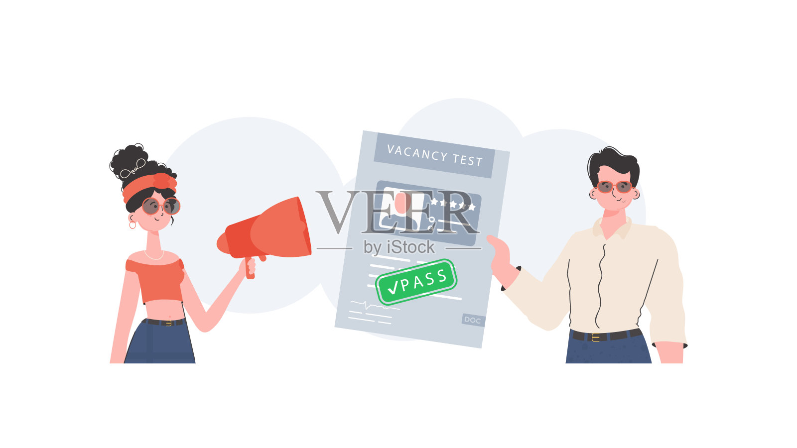 人力资源团队。带着话筒的女孩。一个人通过了工作测试。求职与人力资源的概念。平面风格的矢量插图。插画图片素材