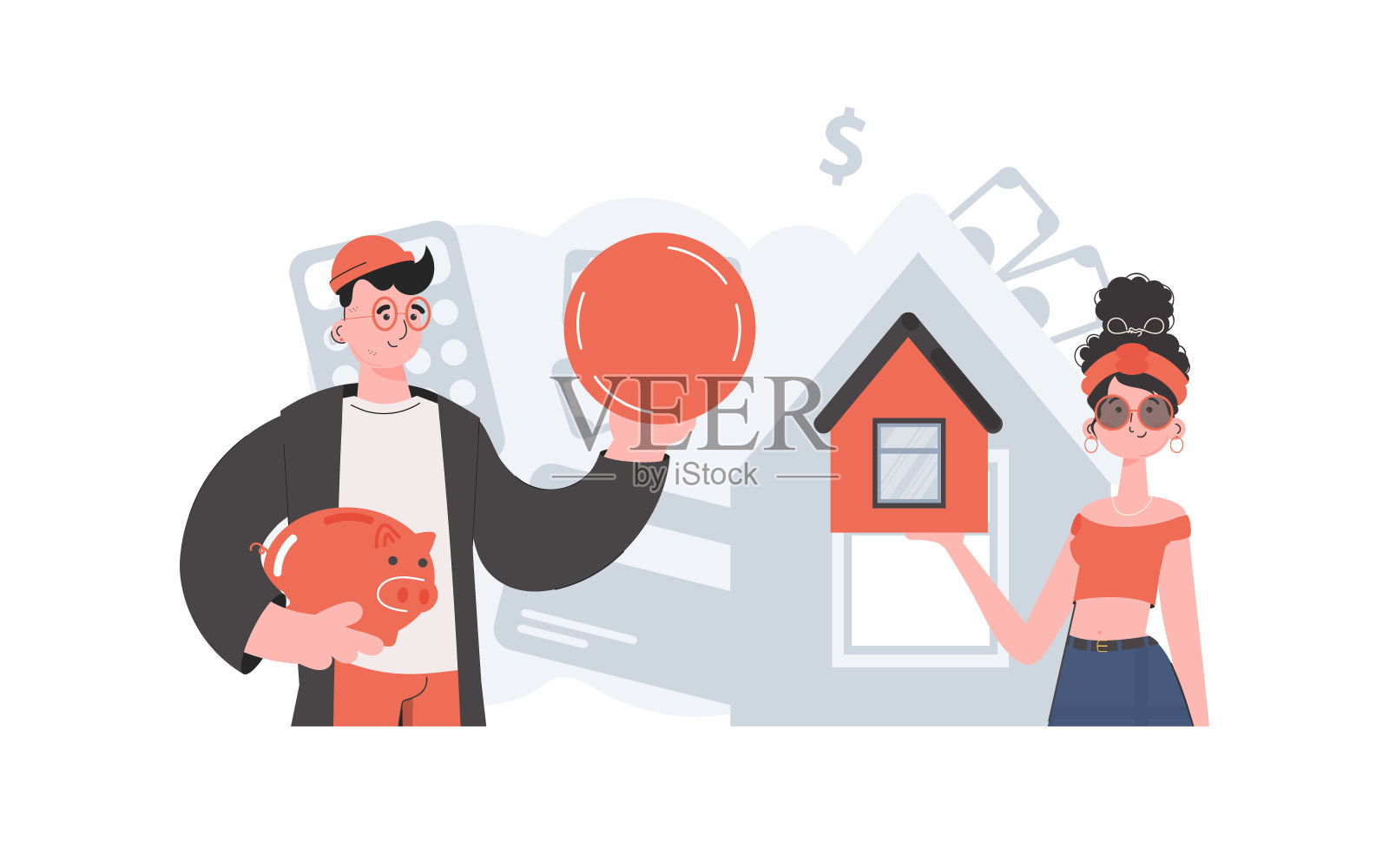 这家人买了一栋房子。买房的概念。人们被描绘成腰部。趋势向量插图。插画图片素材