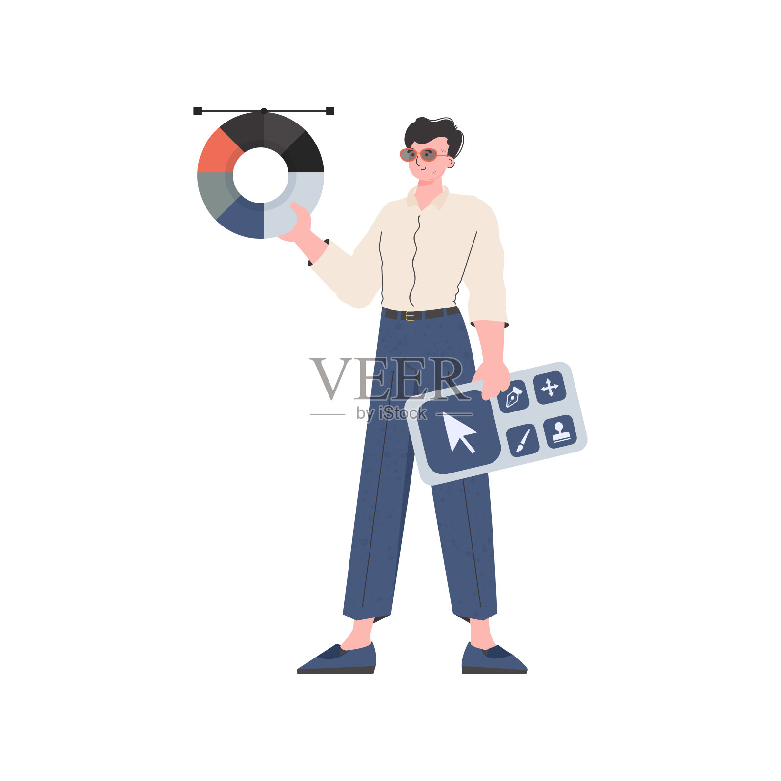 这名男子站在他的全部身高，并持有设计师的面板。孤立。元素表示。插画图片素材