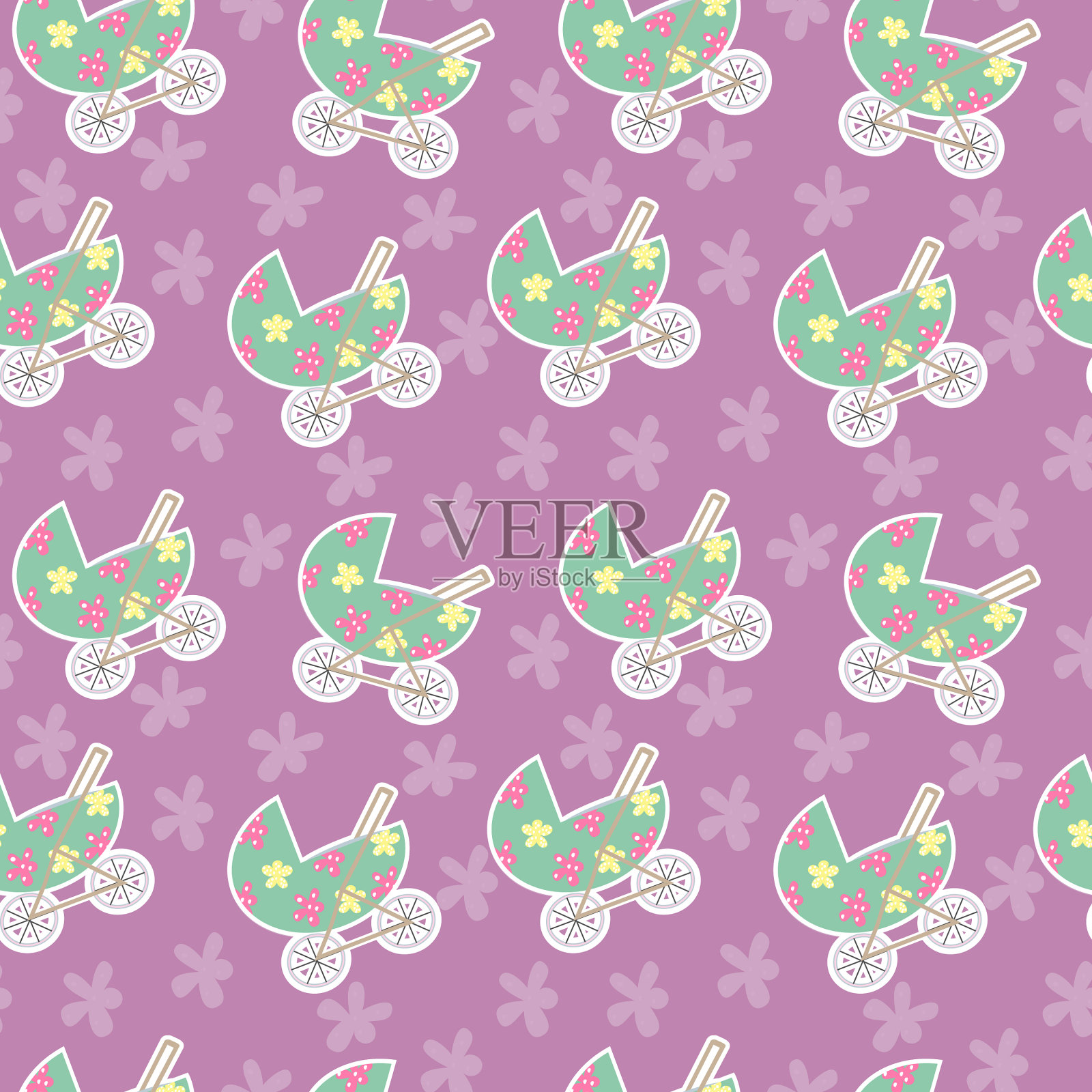 无缝可爱图案与婴儿车插画图片素材