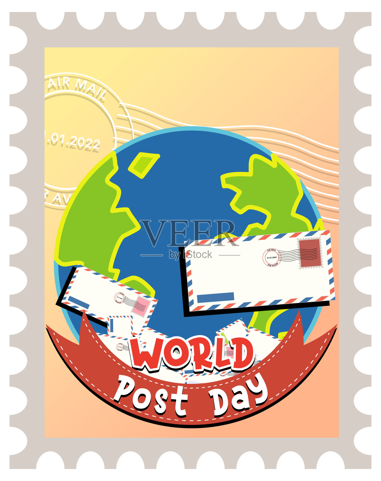 印有地球仪和信封的世界邮政日标志设计模板素材