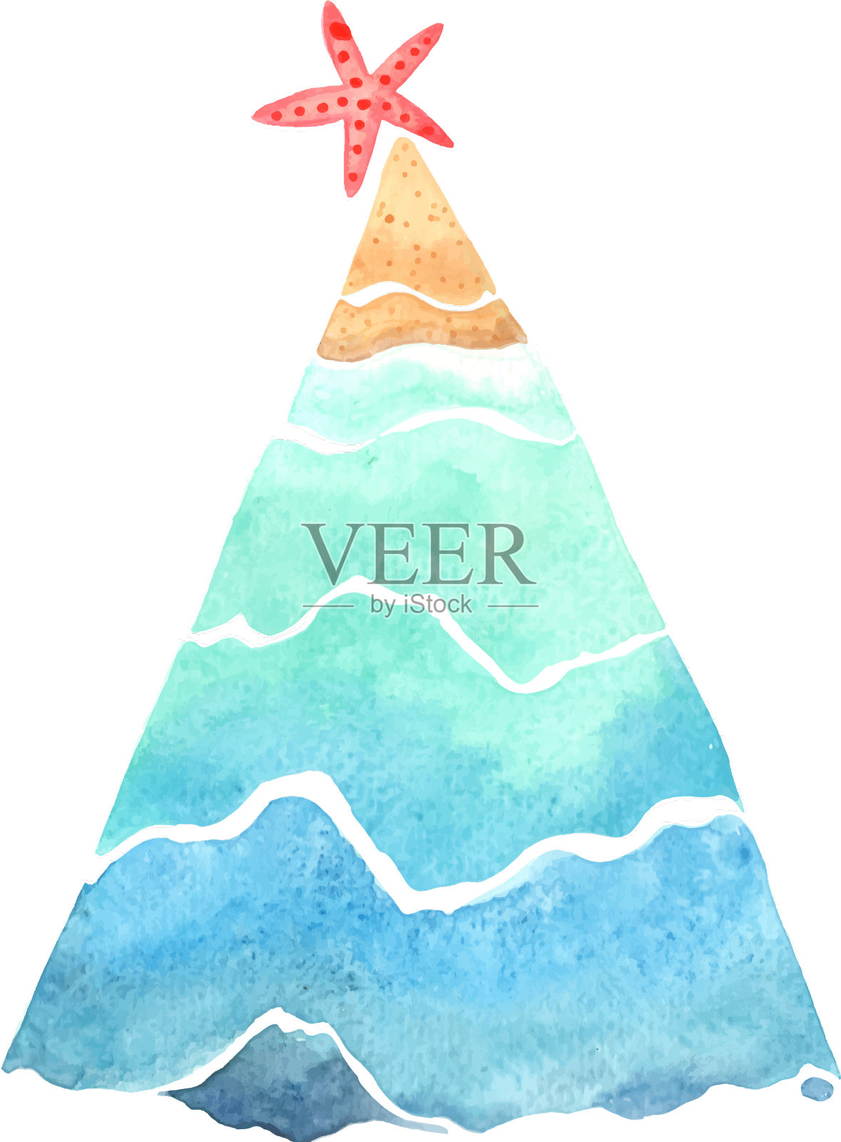 圣诞树海洋海滩与海星水彩画插画图片素材