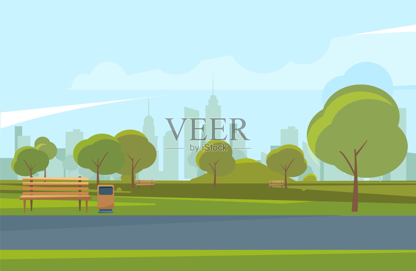 公园景观。城市绿色自然区全景插画图片素材