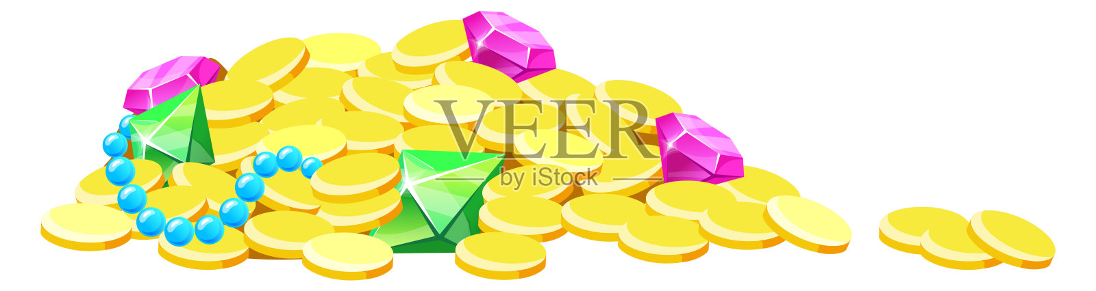 财宝堆。金币和宝石在休闲游戏风格设计元素图片