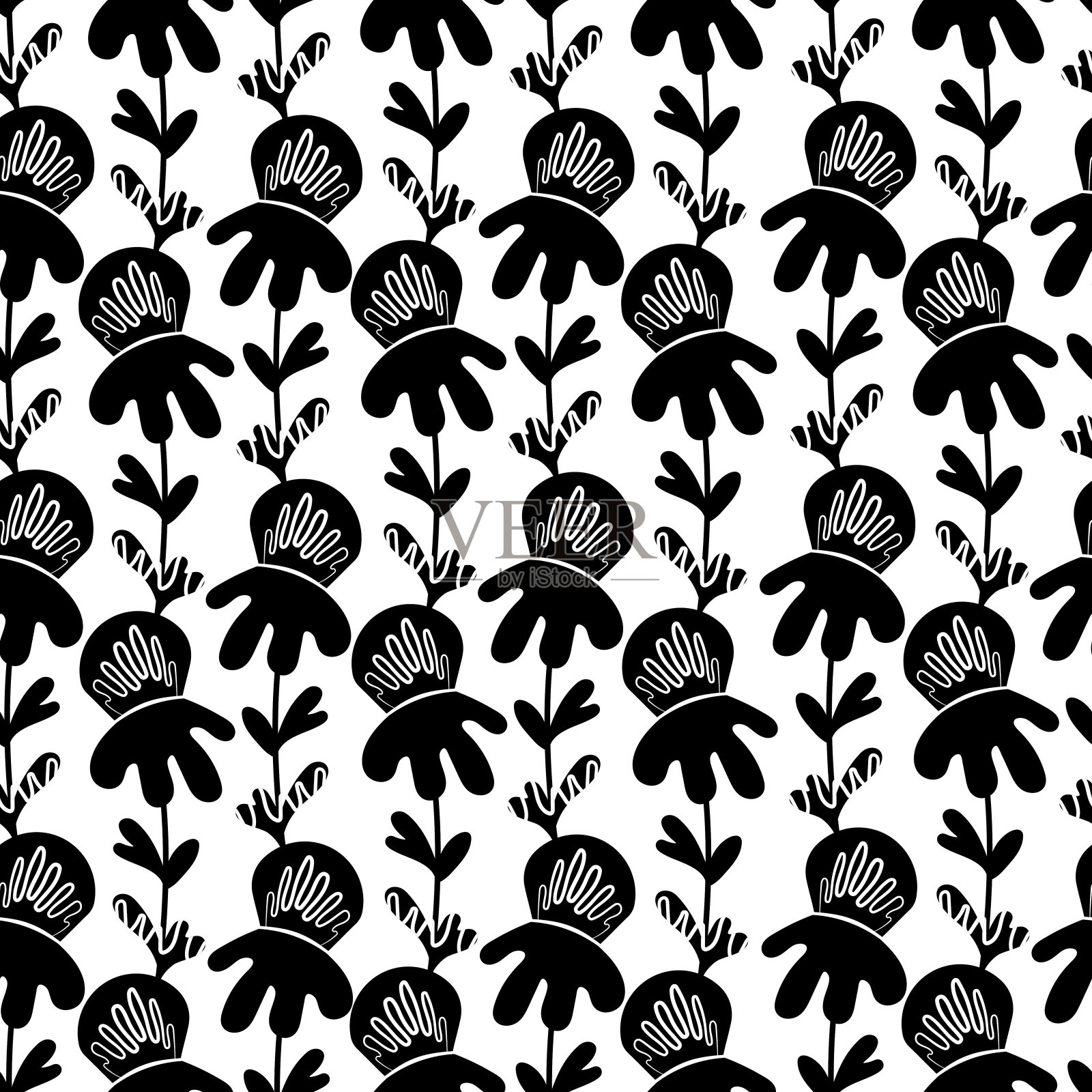 基于传统民间艺术装饰的无缝花卉图案。黑色的花在白色的背景。北欧风格。瑞典北欧风格。单色矢量插图织物，纺织品，墙纸插画图片素材