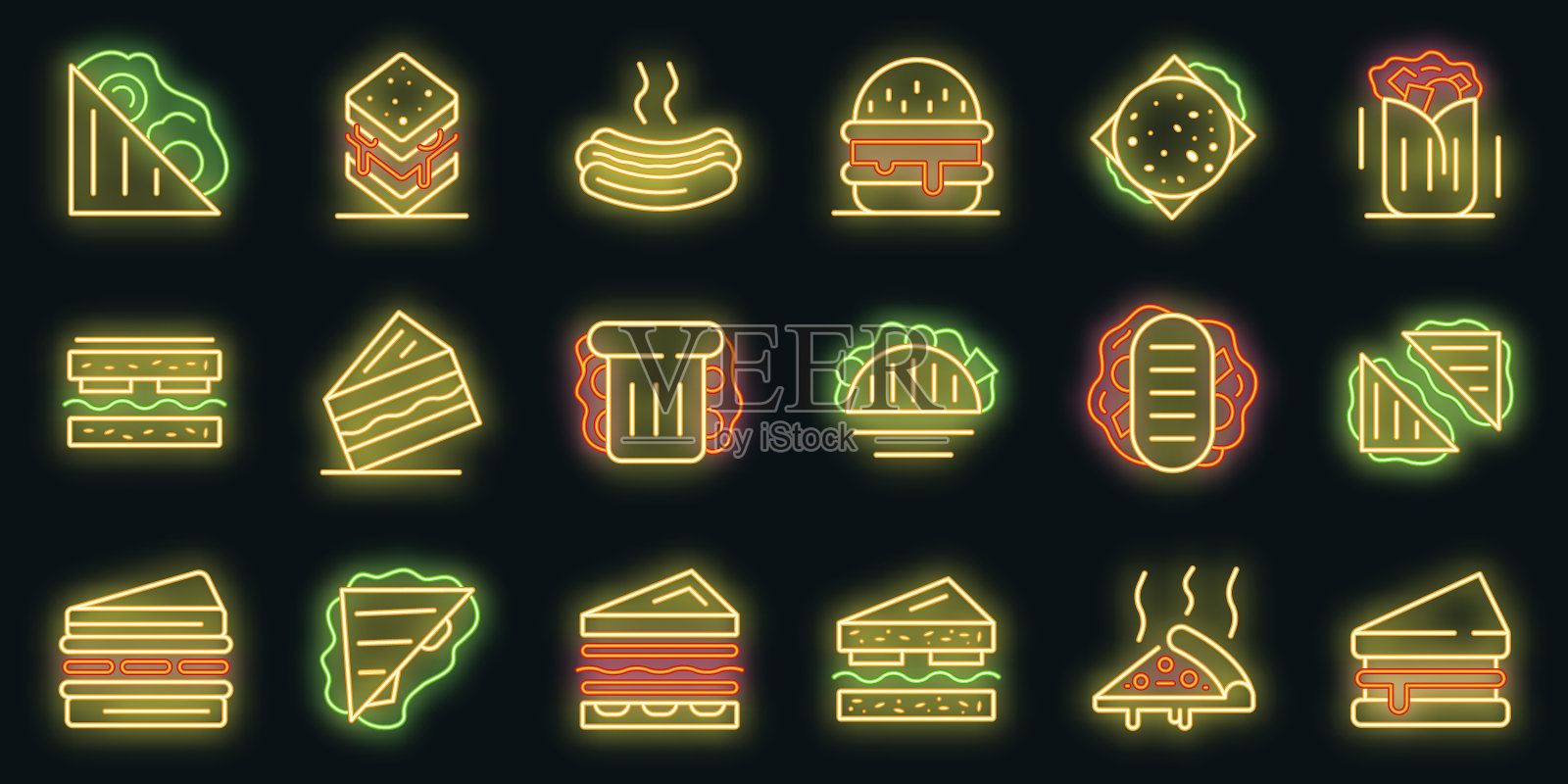 三明治酒吧的图标设置霓虹灯图标素材