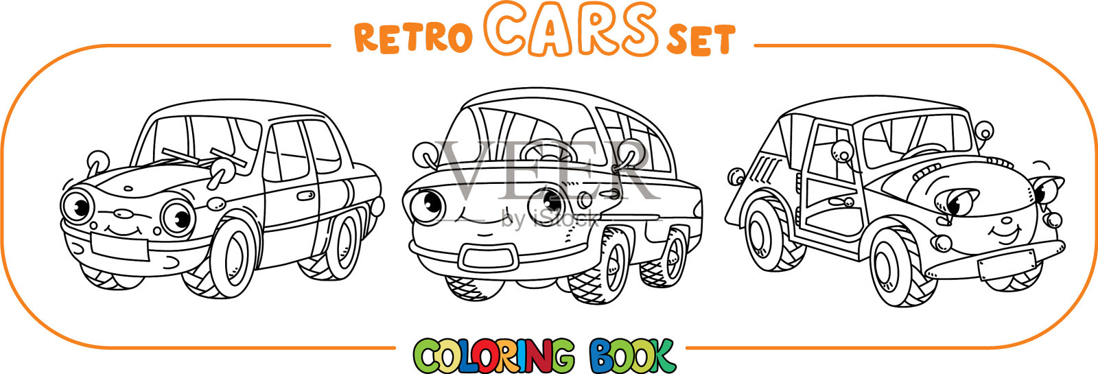 有趣的小复古汽车与眼睛着色书设置插画图片素材