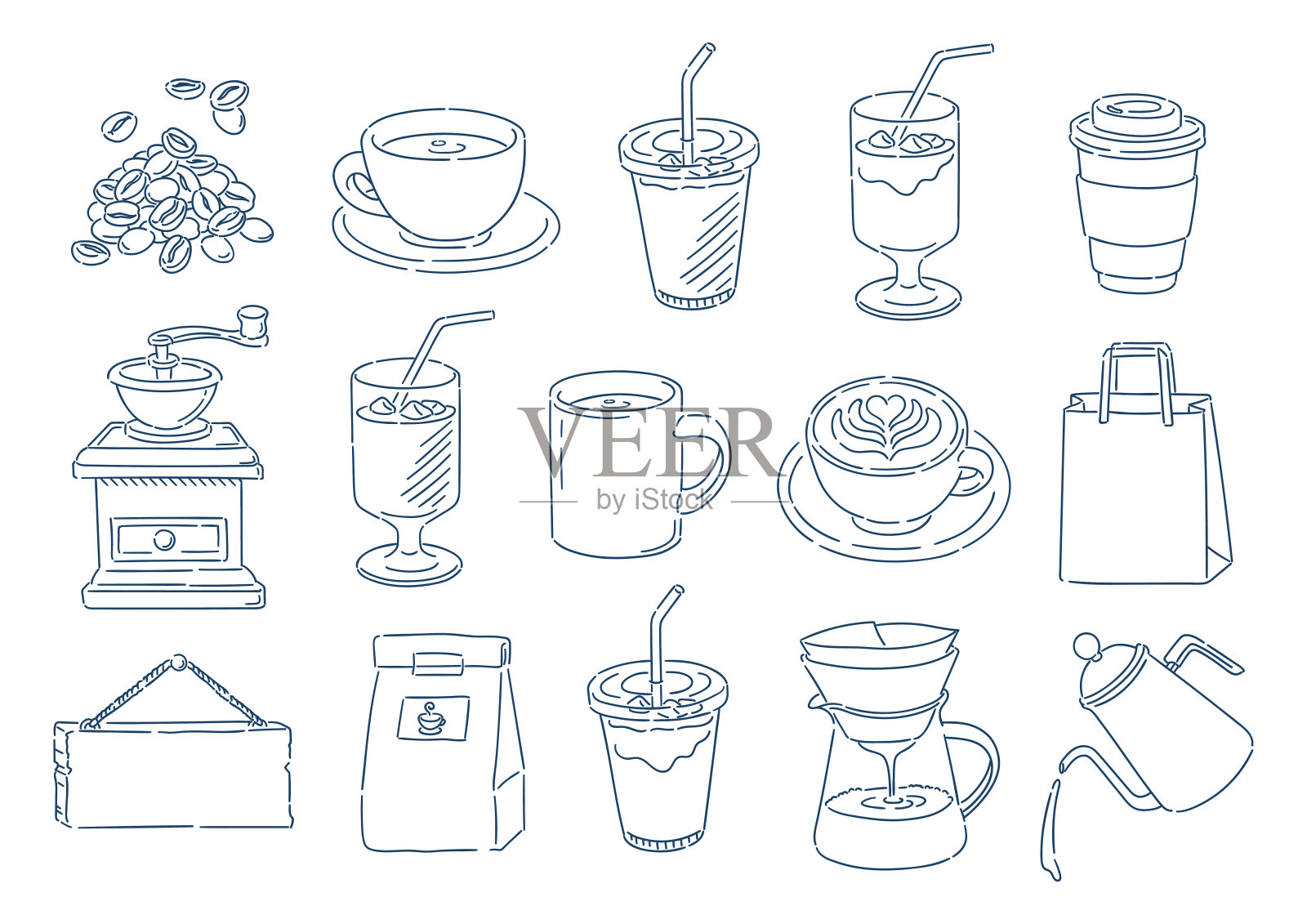 关于咖啡和咖啡馆的各种插图的集合。线图。白色背景。插画图片素材