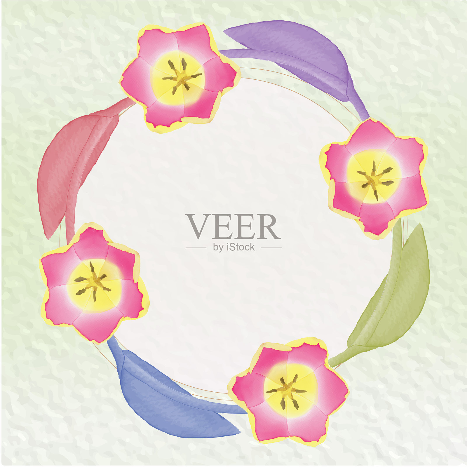 水彩郁金香花和离开集设计插画图片素材