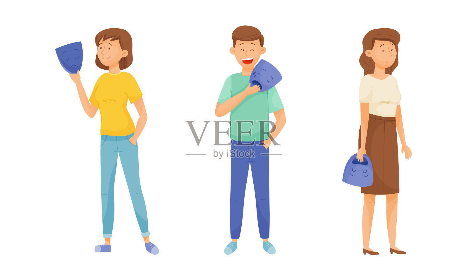 青年男女抱着情感面具躲起来设计元素图片