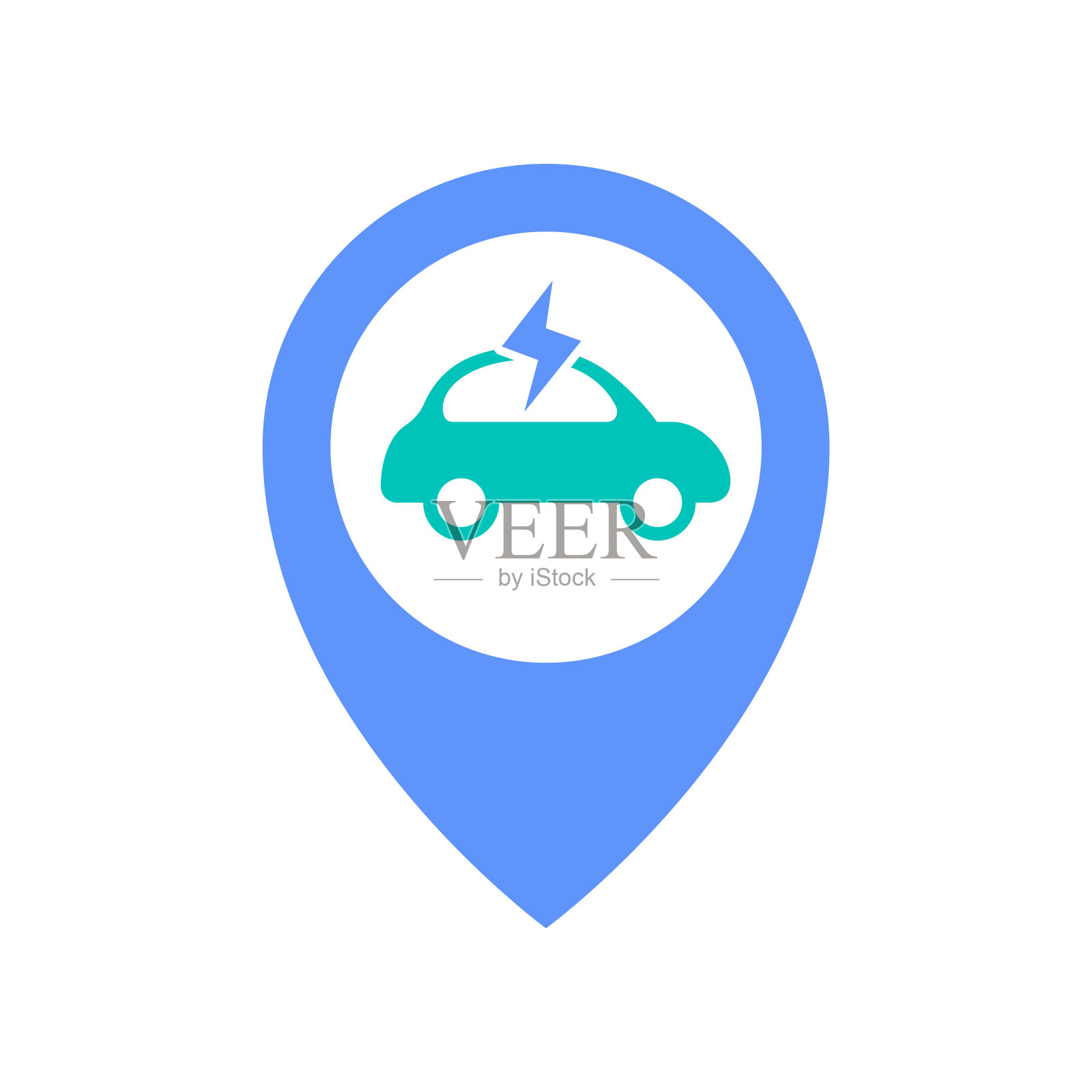 电动汽车充电点站位置图标矢量插图。地图引脚采用生态电动汽车符号设计插画图片素材