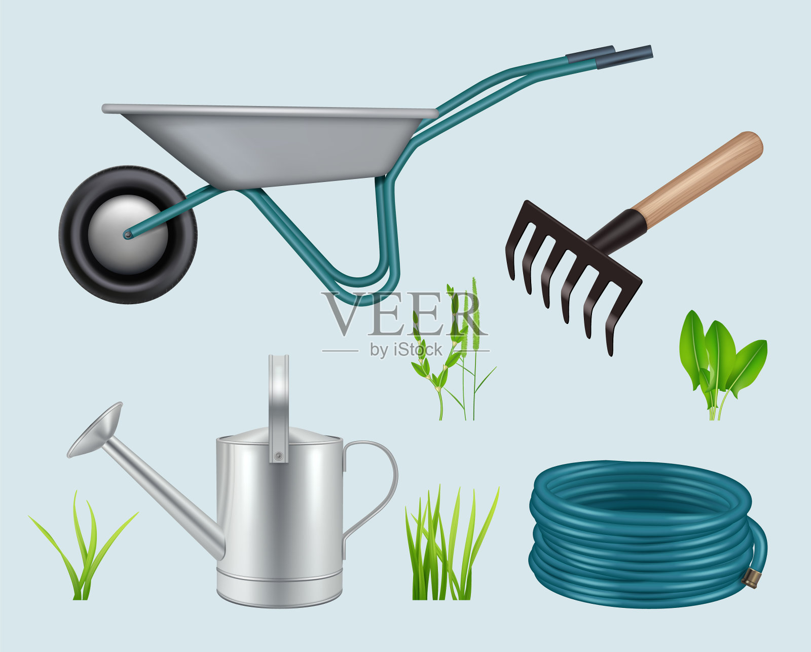 园艺现实的工具，照顾绿色的草地插画图片素材