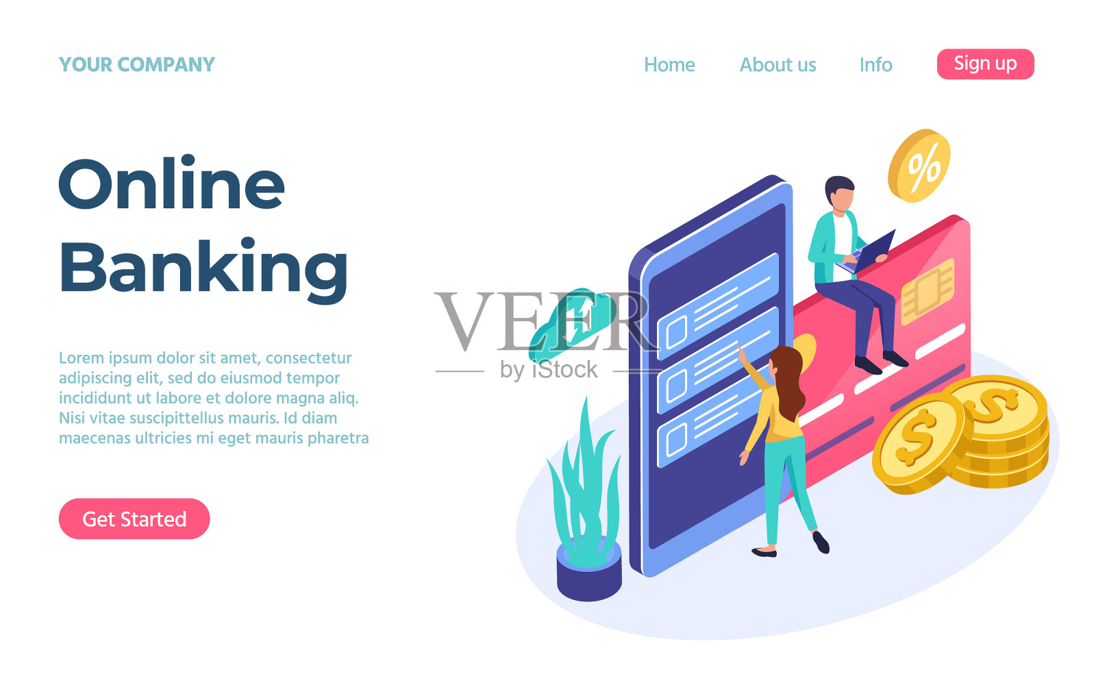 网上银行服务三维等距登陆页面插画图片素材