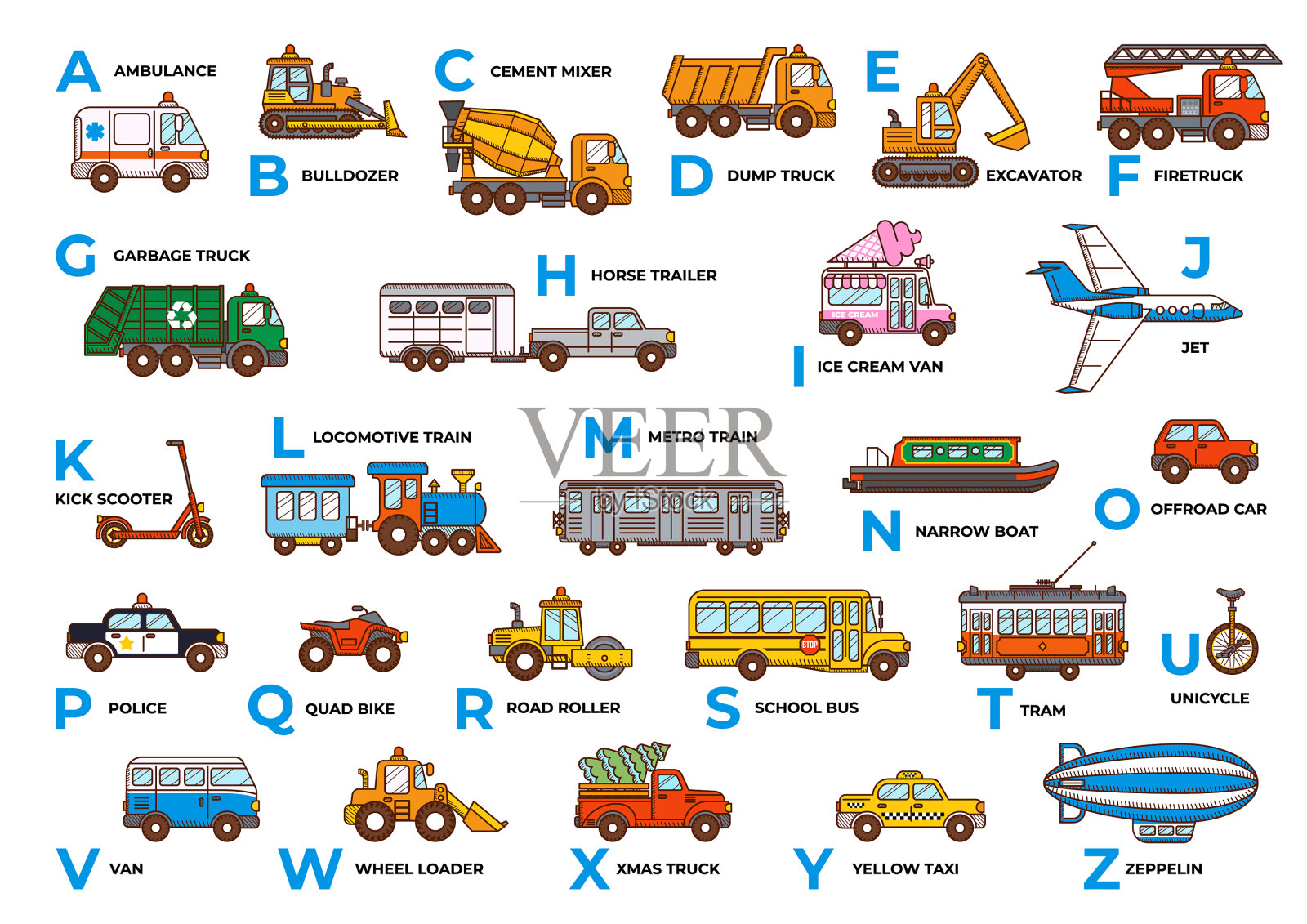 ABC车英语字母车卡通车插画图片素材