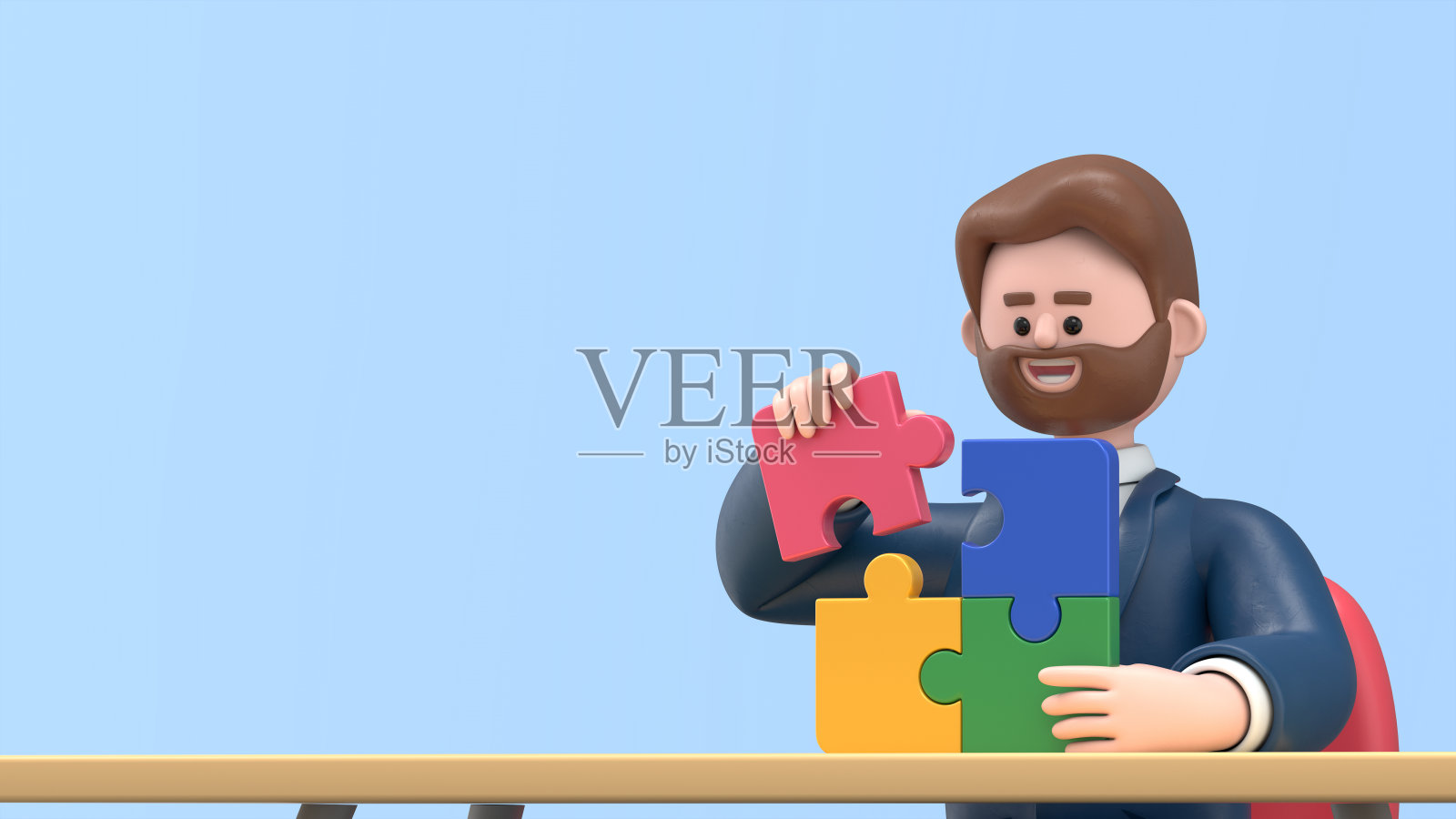 微笑商人鲍勃连接拼图元素的3D插图。可爱的卡通商人达到目标。商业解决方案，成功和战略概念。照片摄影图片