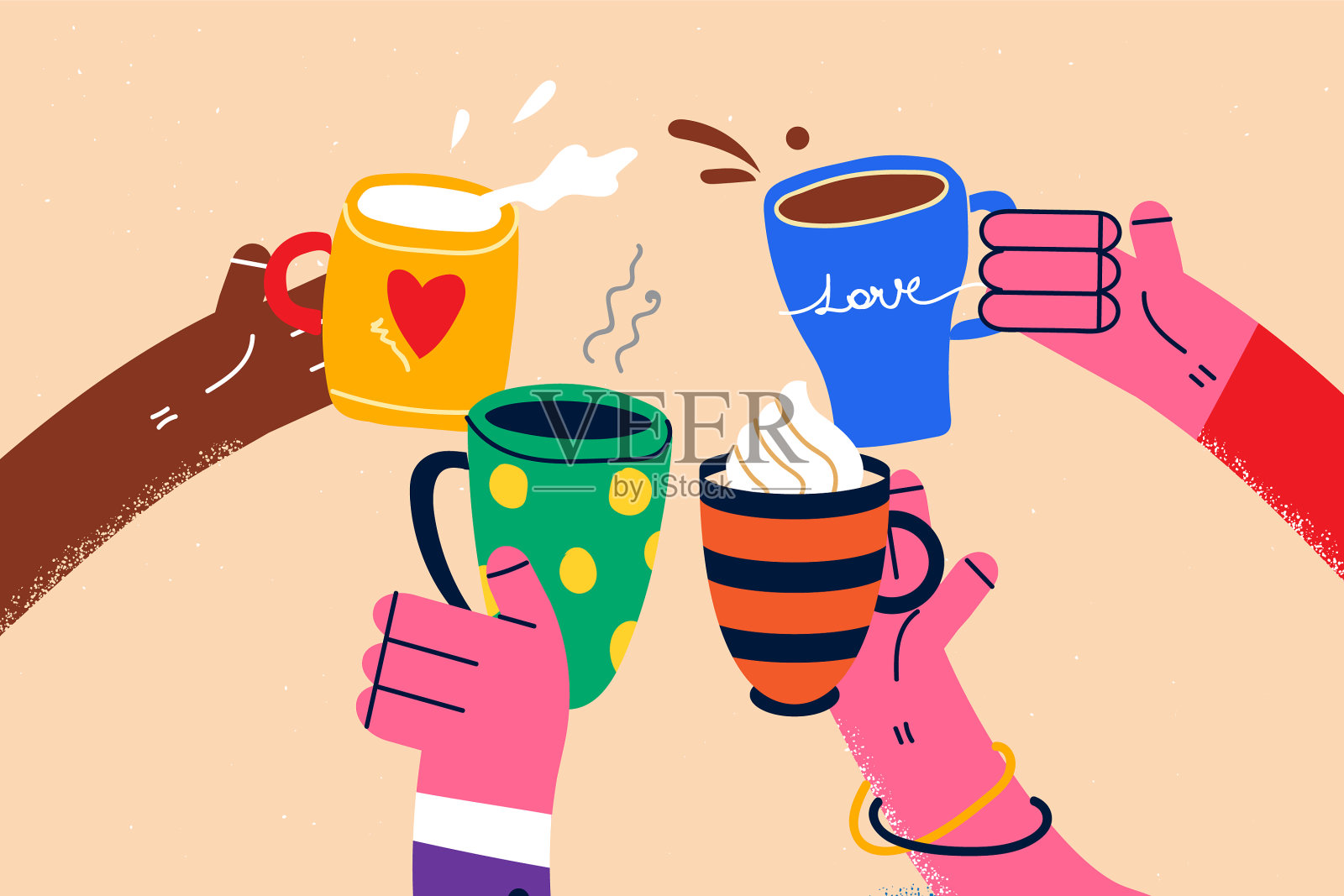 不同的朋友享受温暖的饮料放松周末插画图片素材