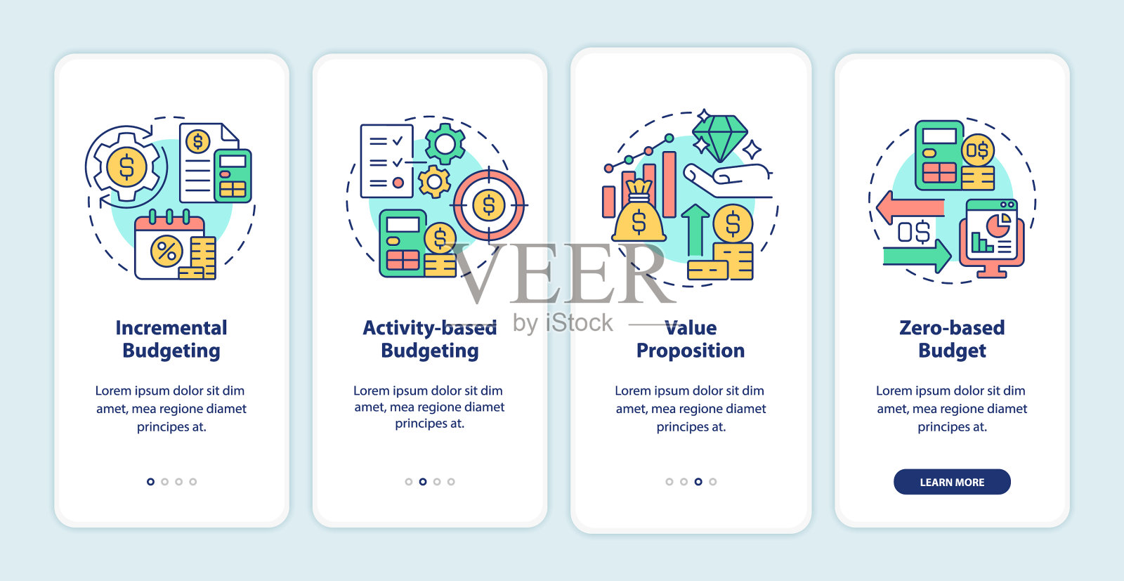 手机应用程序屏幕上的预算类型插画图片素材