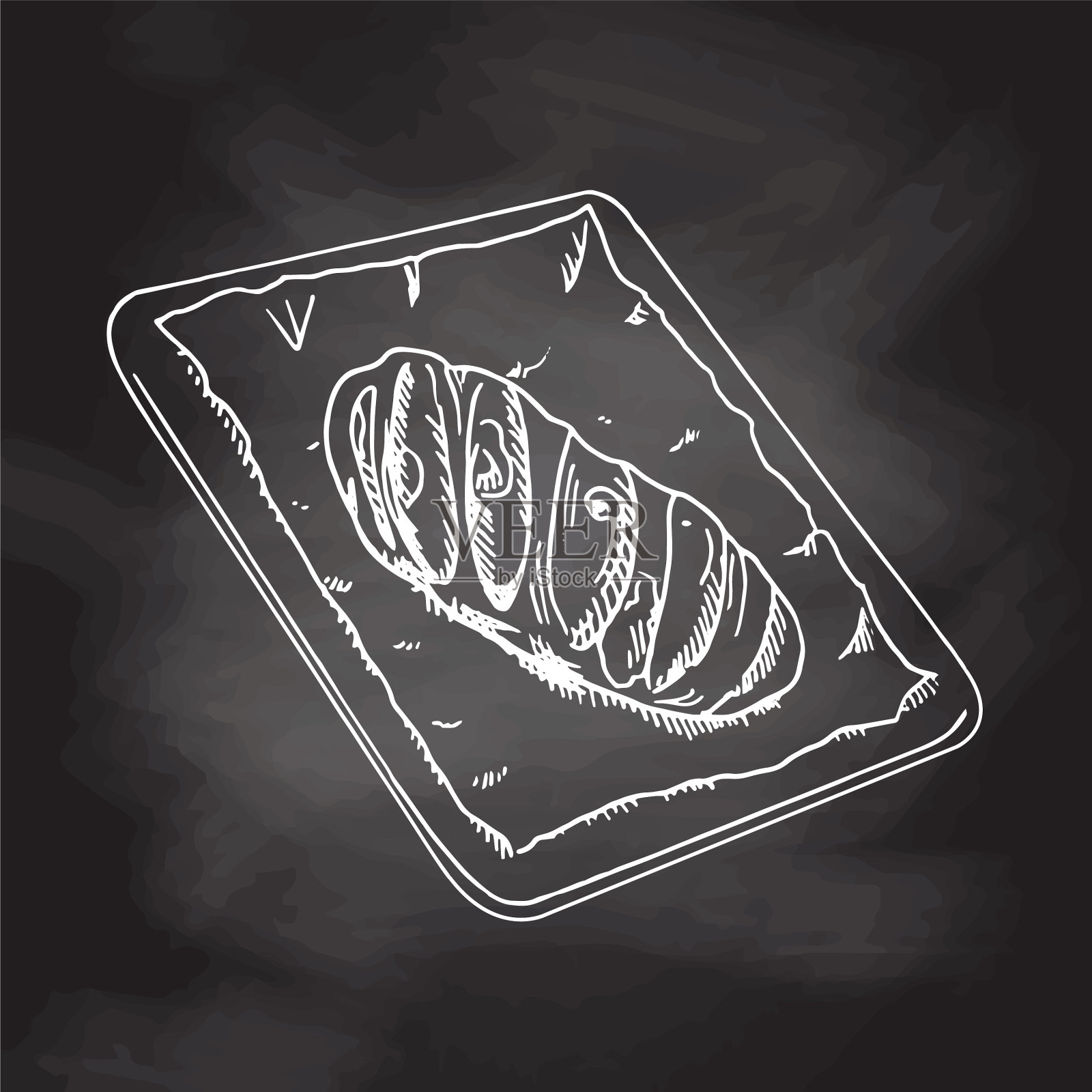 矢量手绘插图面包在烤盘。白色素描孤立在黑色黑板上。素描图标和烘焙元素的印刷，网络，移动和信息图。插画图片素材