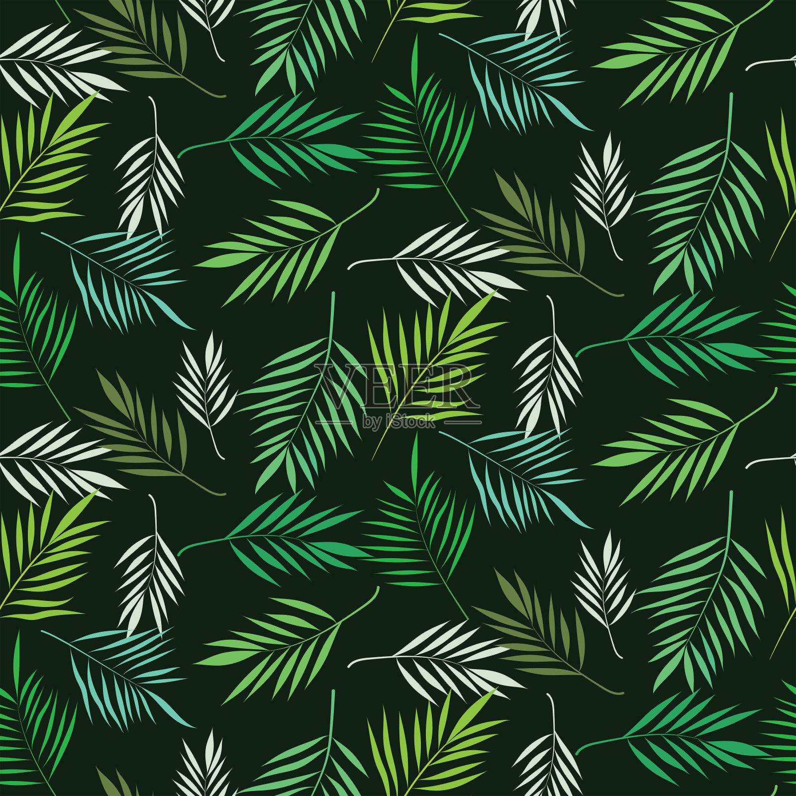 热带棕榈叶无缝图案在绿色和白色在黑暗的背景插画图片素材