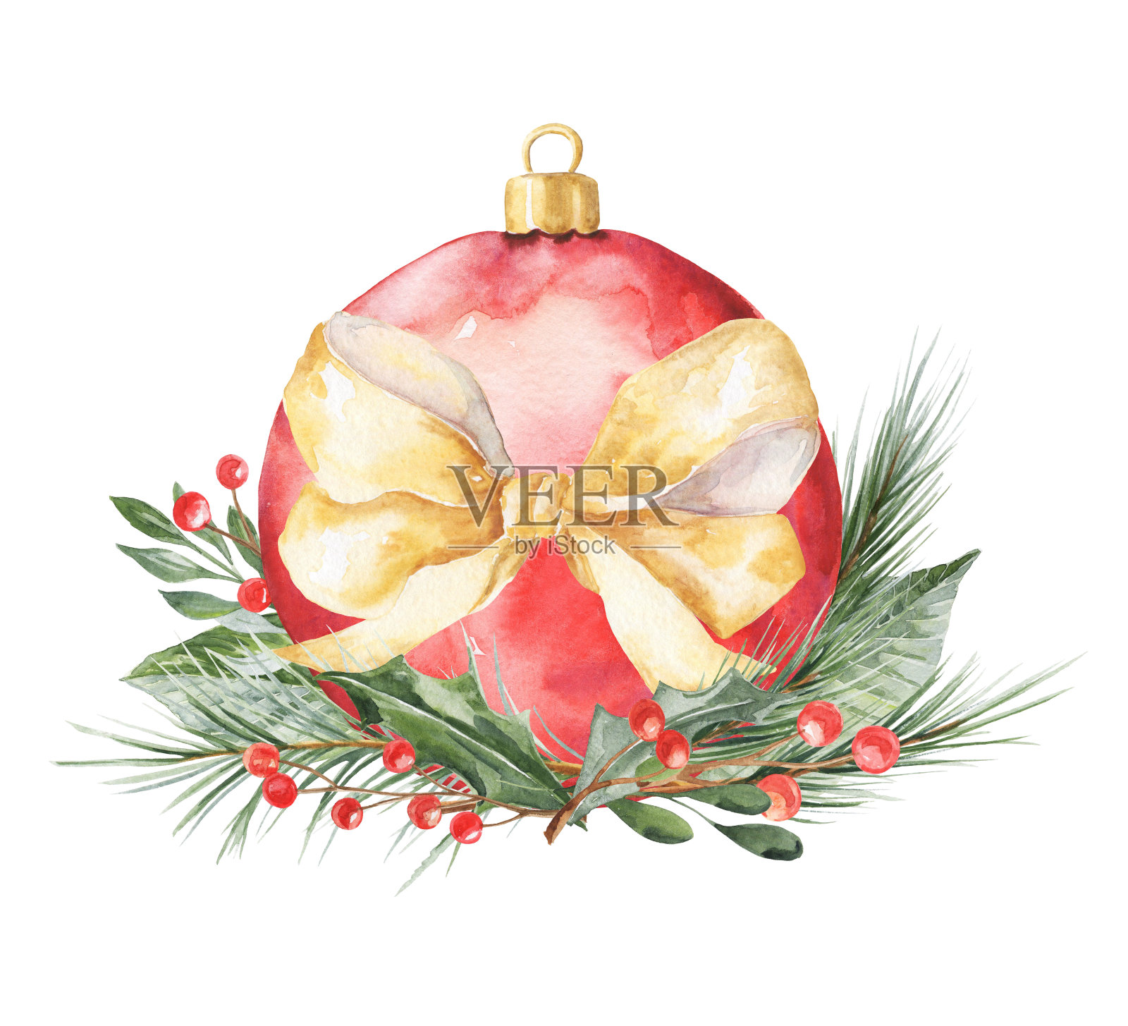 水彩红色圣诞球与弓，浆果和冷杉枝在白色的背景。圣诞水彩作文。插画图片素材