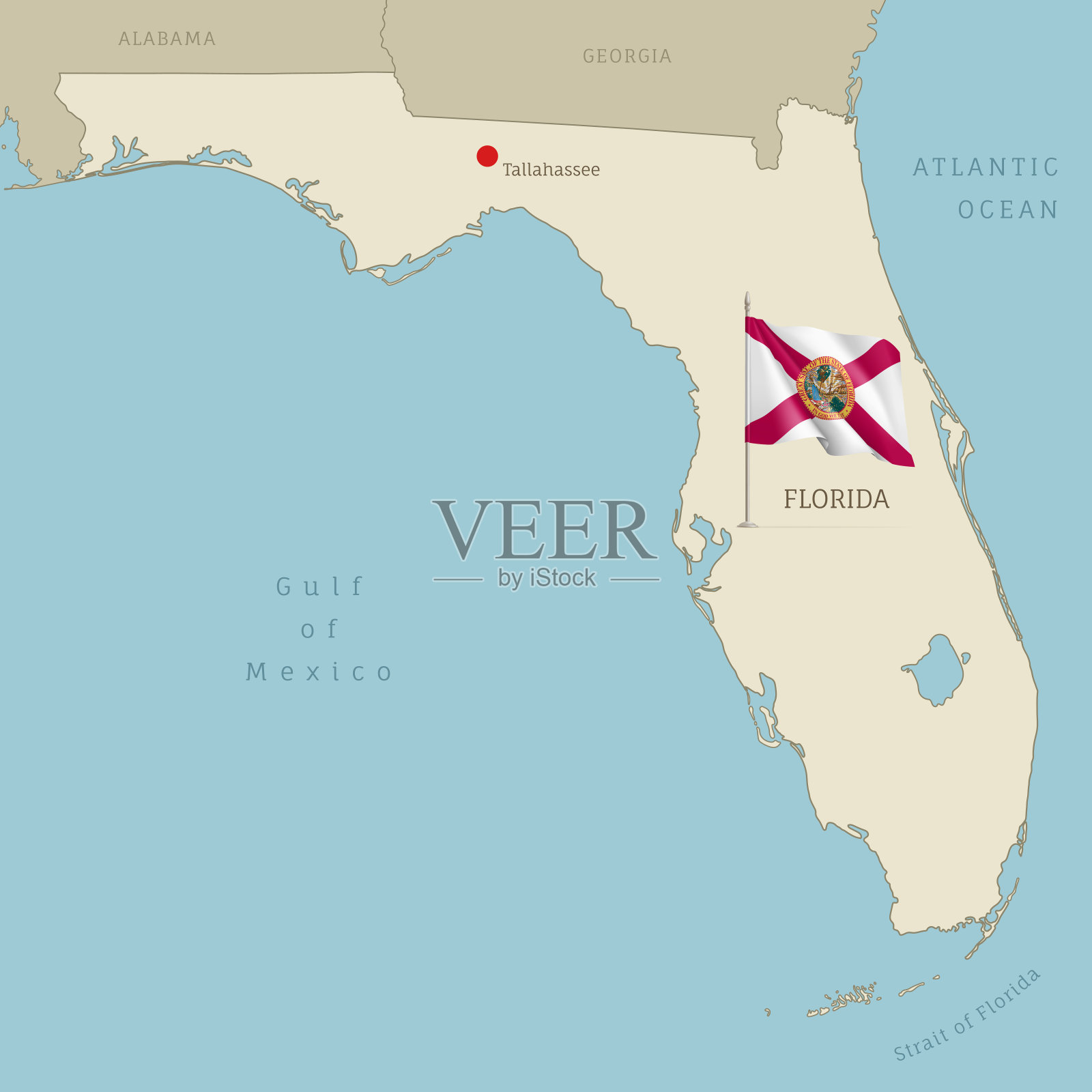 高度详细的佛罗里达地图和挥舞的旗帜插画图片素材