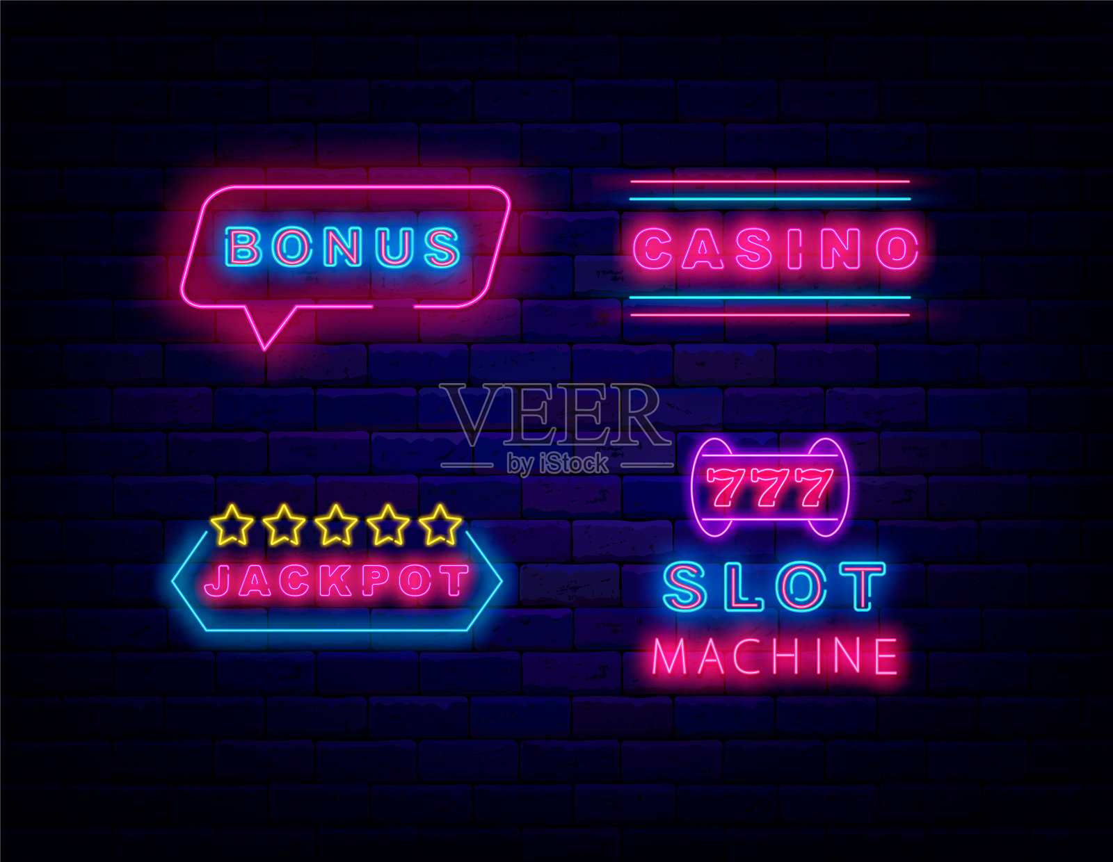 赌场霓虹灯收集。头奖和老虎机。赢家的概念。向量股票插图插画图片素材