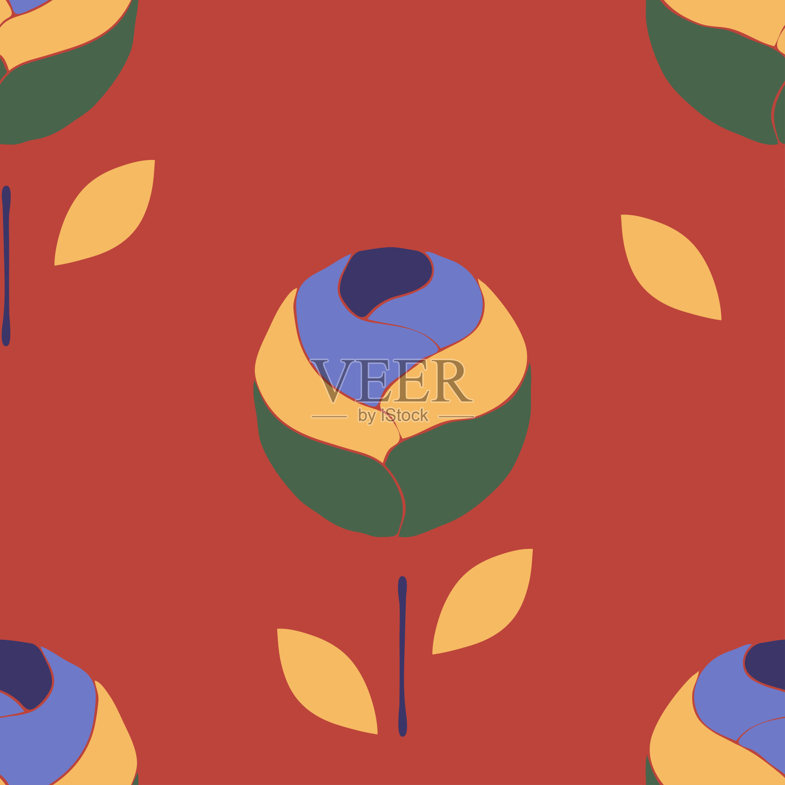 复古的牡丹花配上橙色插画图片素材