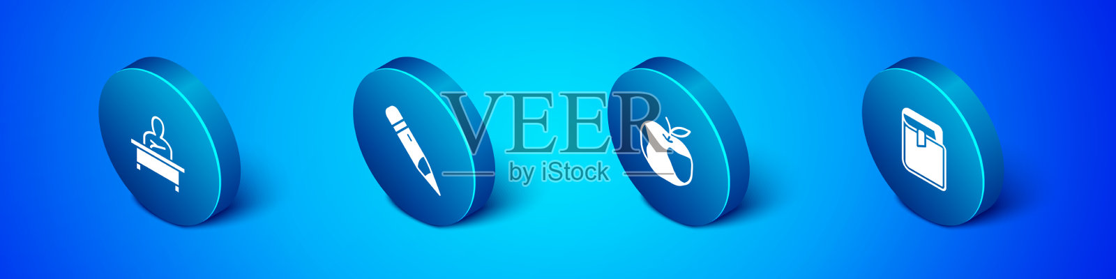 设置等距小学生坐在书桌苹果图标素材