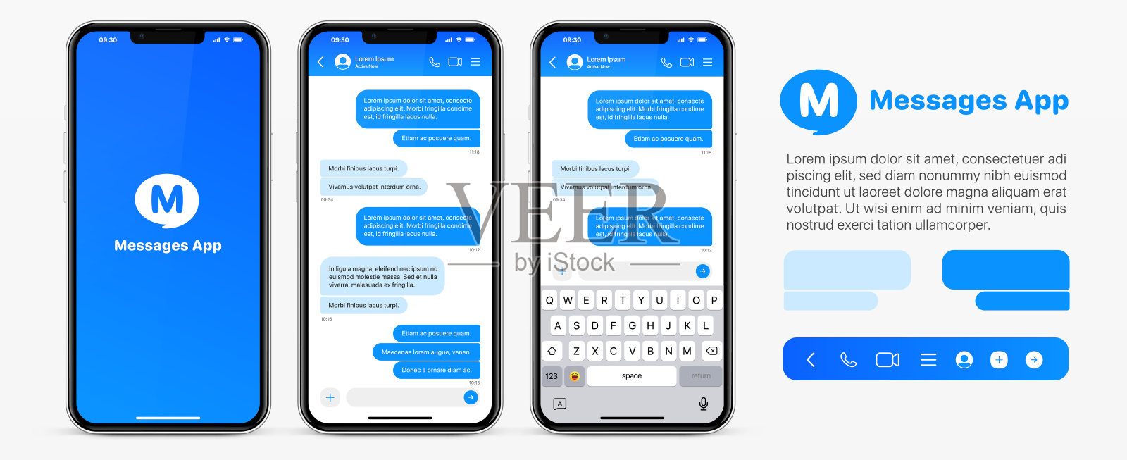 信息智能手机模板。手机聊天短信应用模板气泡。信息泡泡聊天的智能手机图标。手机聊天短信模板气泡。孤立的智能手机模型。股票向量。插画图片素材