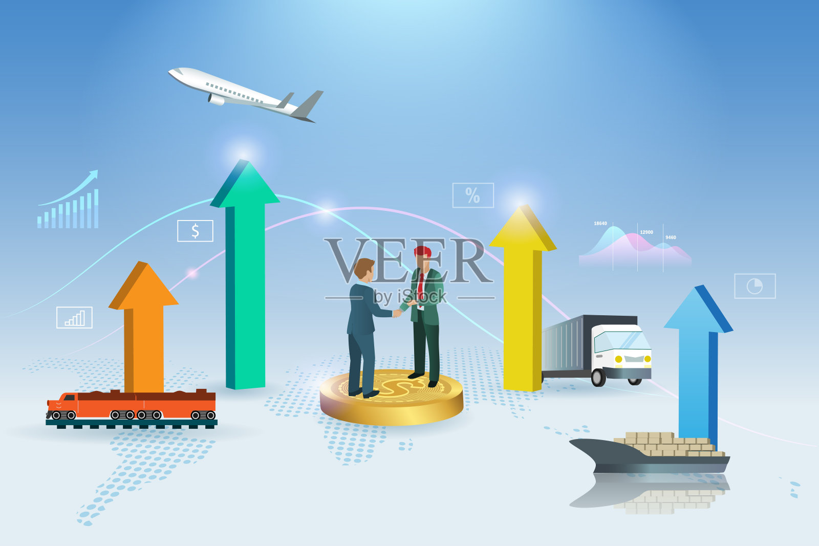 商人在全球物流运输增长图上握手在供应链网络连接。货运进出口需求旺盛，业务伙伴合作。插画图片素材