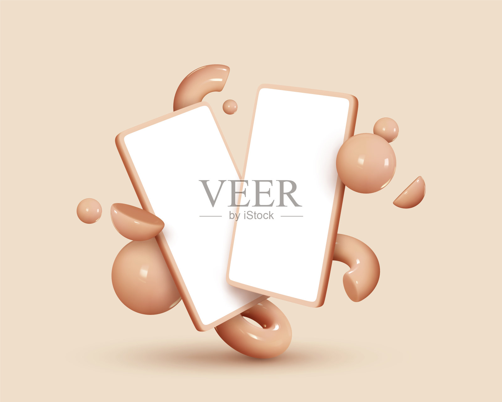 智能手机社交媒体与干净的白色屏幕边框插入。米色的手机。逼真的3d几何对象。矢量图插画图片素材