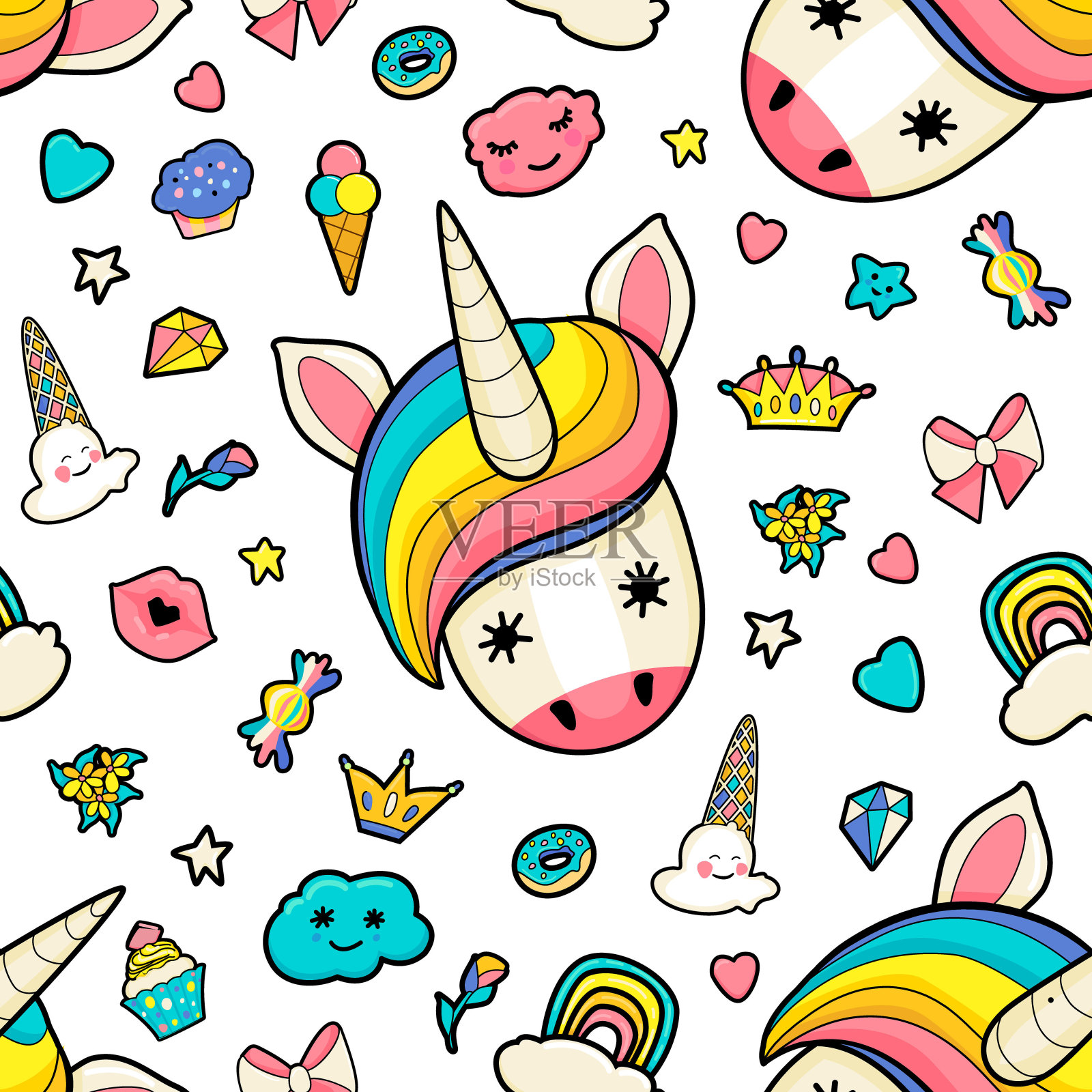 图案有独角兽、冰淇淋、星星、心形、甜甜圈、彩虹、皇冠、纸杯蛋糕等可爱的面孔。插画图片素材