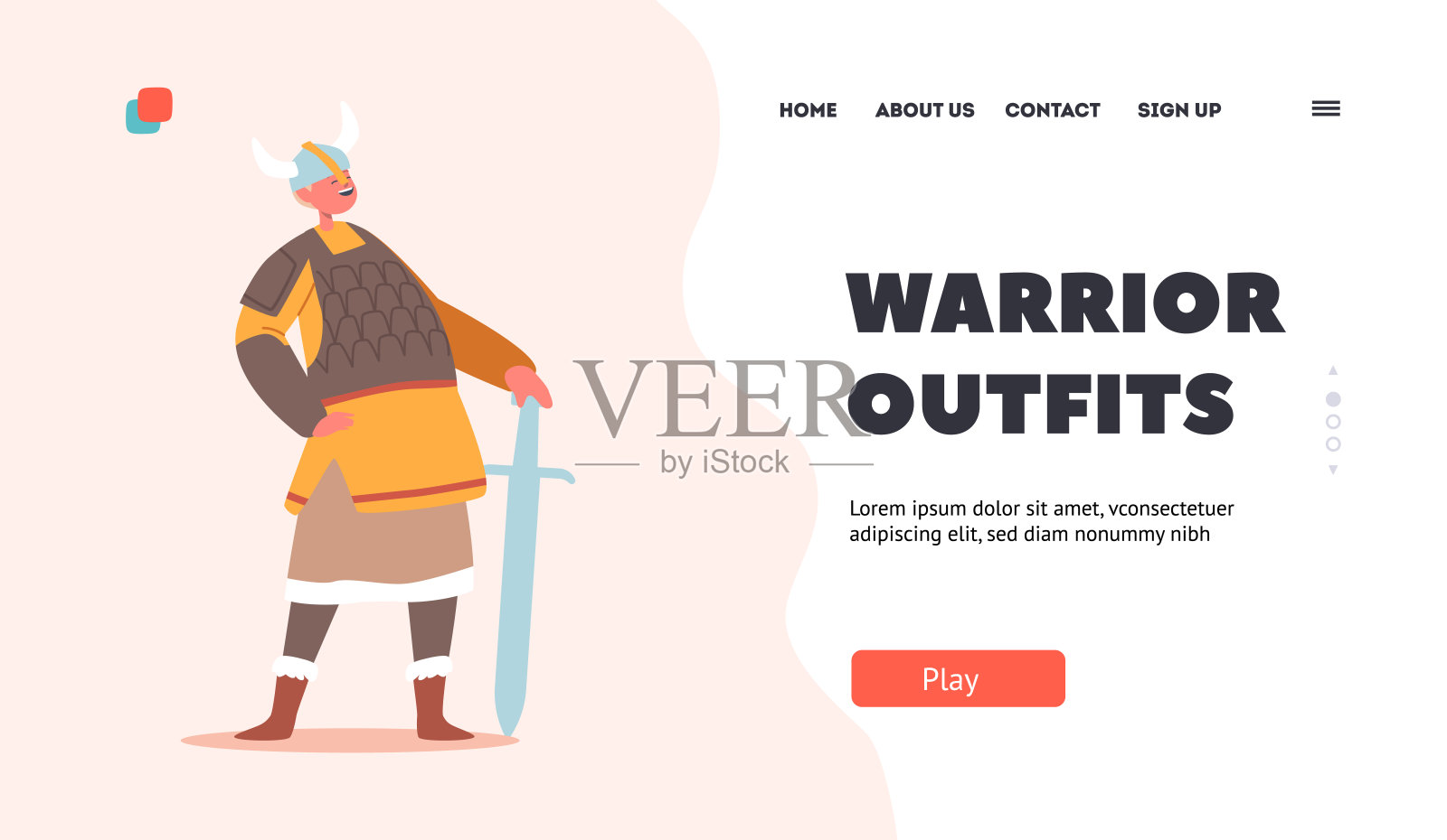 战士装备登陆页面模板。滑稽男孩在西装的斯堪的纳维亚勇士，野蛮士兵在角头盔插画图片素材