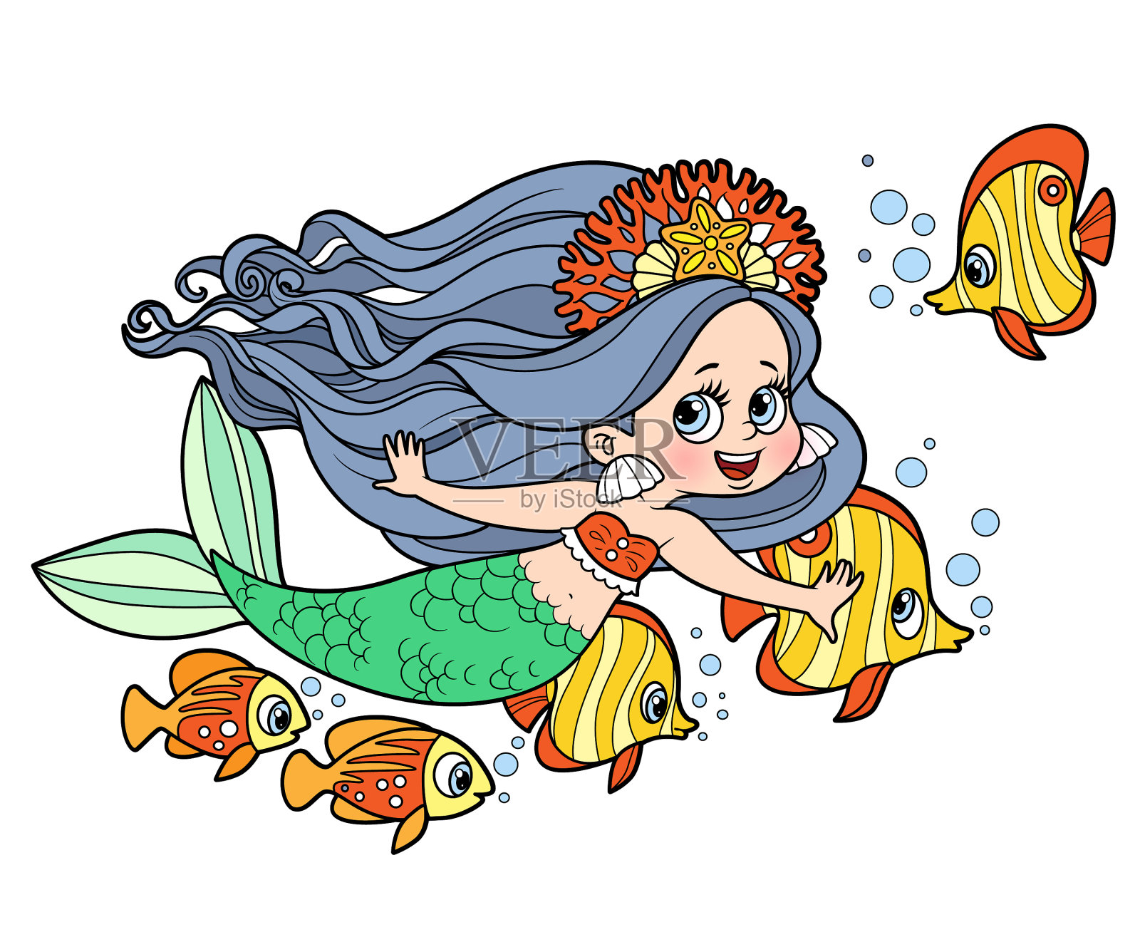 可爱的小美人鱼女孩和一群设计元素图片