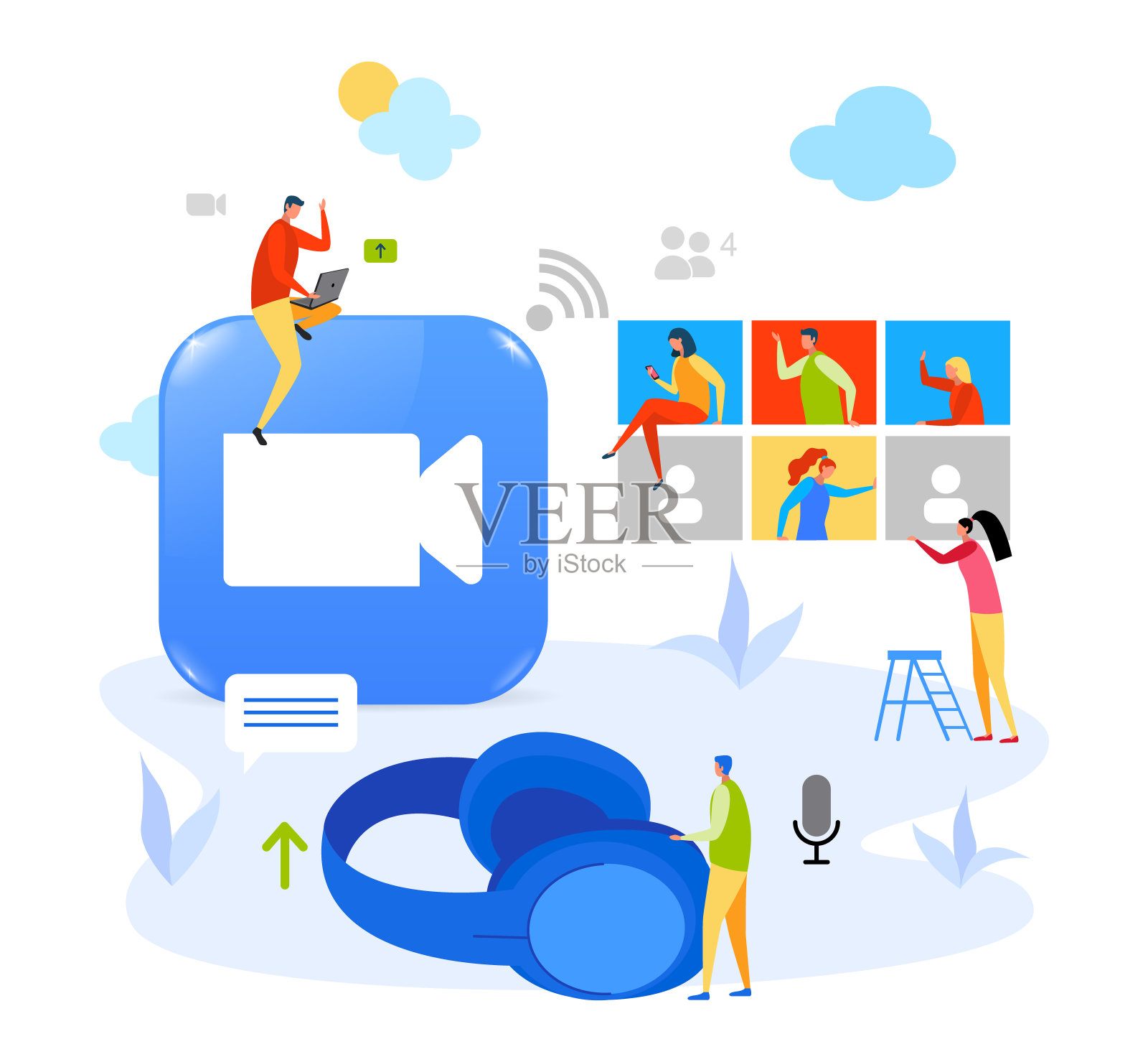 商务视频会议，创意社交媒体概念，平面设计矢量插图插画图片素材