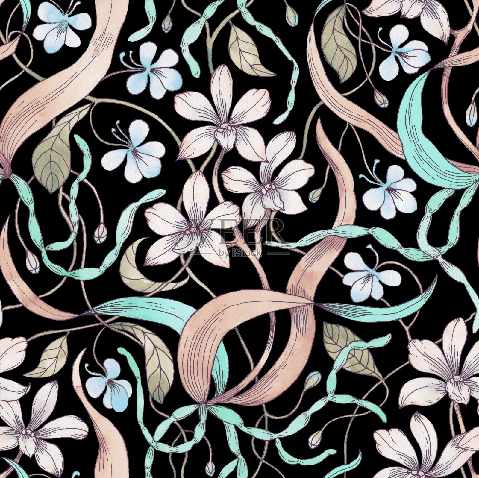 盛开的兰花。无缝图案手绘水彩。背景与热带花卉和树叶插画图片素材